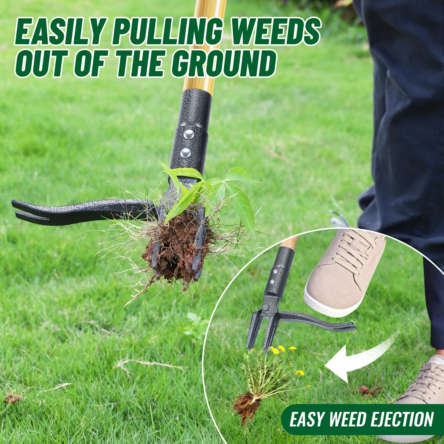 ORMALLA Weed Puller, 43.7in Long Handle Weed Remover, Dandelion Removal Tool, Natural Bamboo Handle and 4 Claws, Stand Up Garden Weed Root Remover, Pet Friendly (43.7in) 🍁 All In One Marketplace Canada