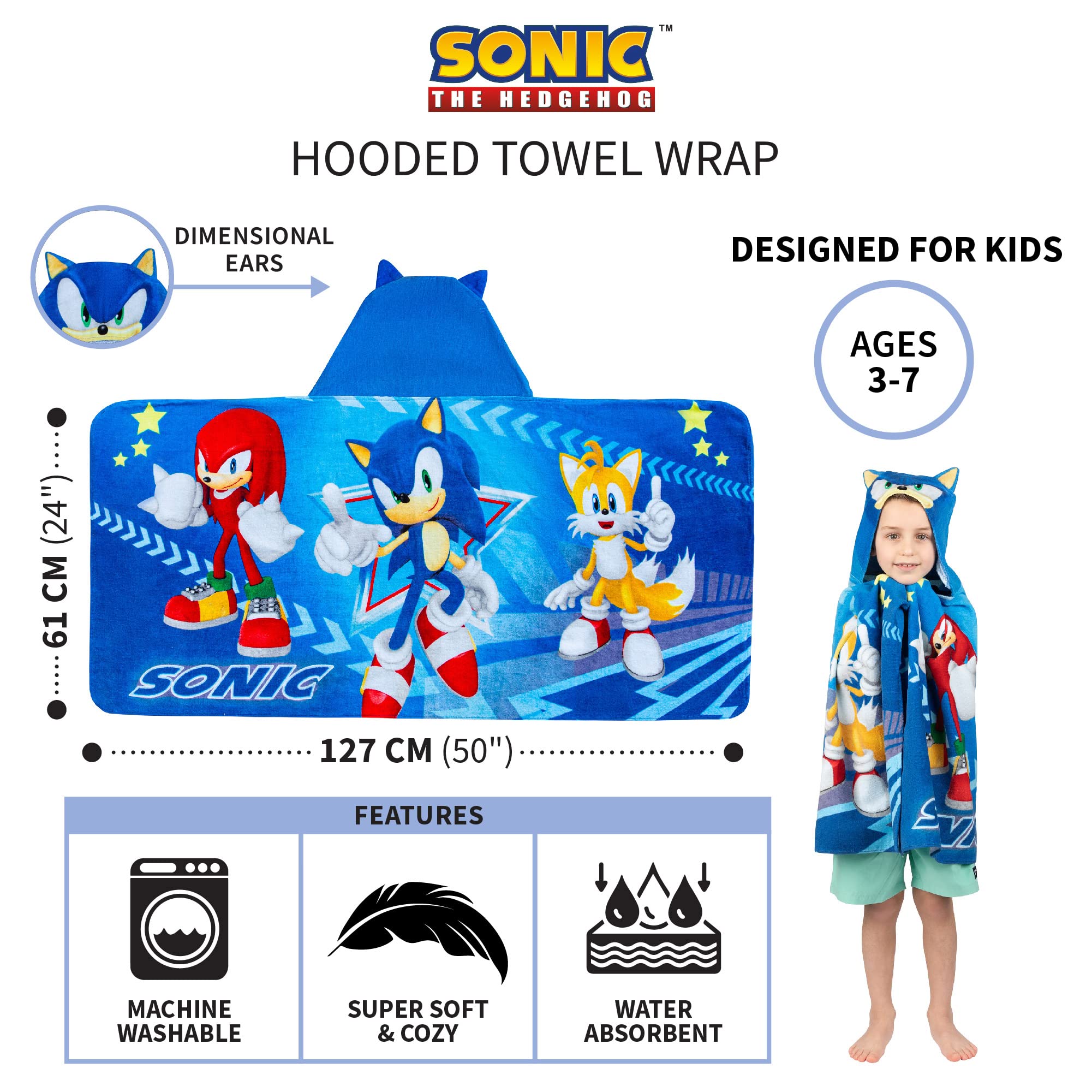 Franco Kids Bath and Beach Super Soft Cotton Hooded Towel Wrap, 24 in x 50 in, Sonic The Hedgehog 🍁 All In One Marketplace Canada