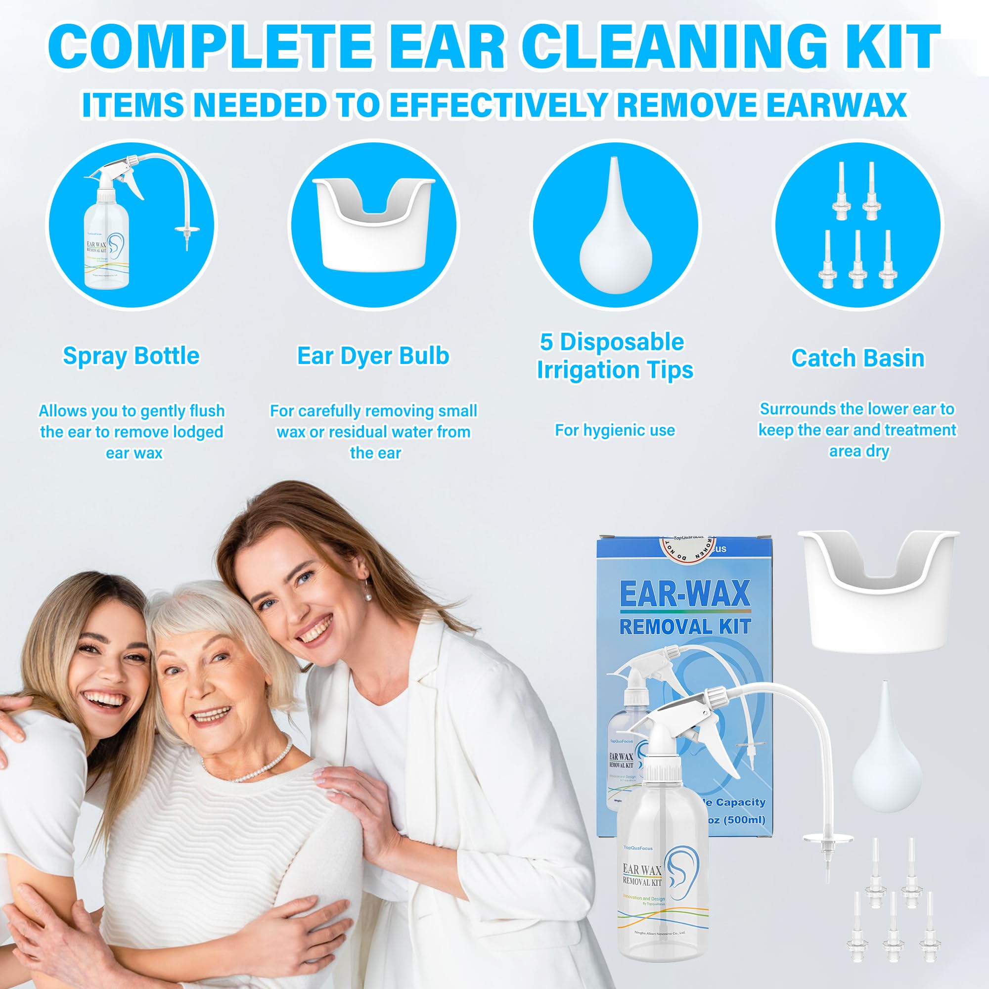 TopQuaFocus 500ml Earwax Remover Ear Cleaner Irrigation Tool Ear wax Removal Flushing System Earwax Cleaning Spray Bottles Ear Flush System for Adults & Kids (16.9oz) 🍁 All In One Marketplace Canada