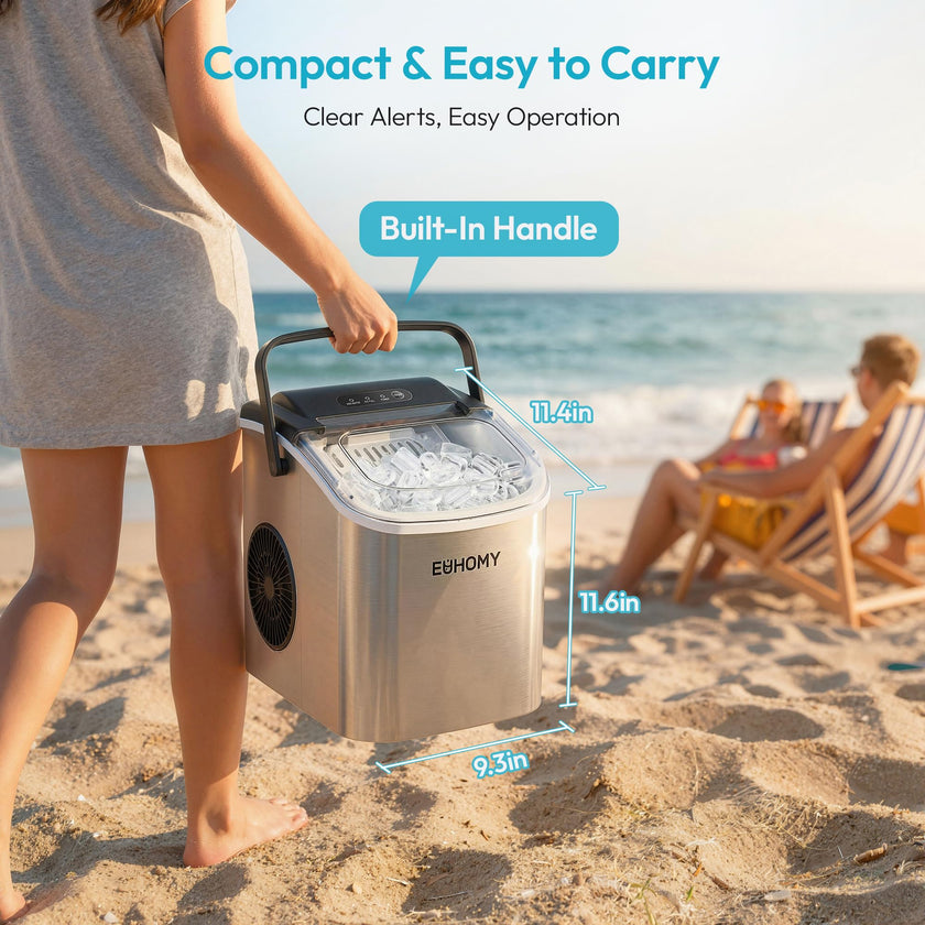 EUHOMY Countertop Ice Maker Machine with Handle, 26lbs Per Day, 9 Ice Cubes Ready in 6 Mins, Auto-Cleaning Portable Ice Maker with Basket and Scoop, for Home/Kitchen/Camping/RV (Silver) 🍁 All In One Marketplace Canada