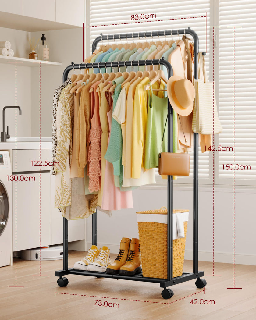 Sakugi Double-Rod Metal Clothing Rack with Wheels, Black 🍁 All In One Marketplace Canada