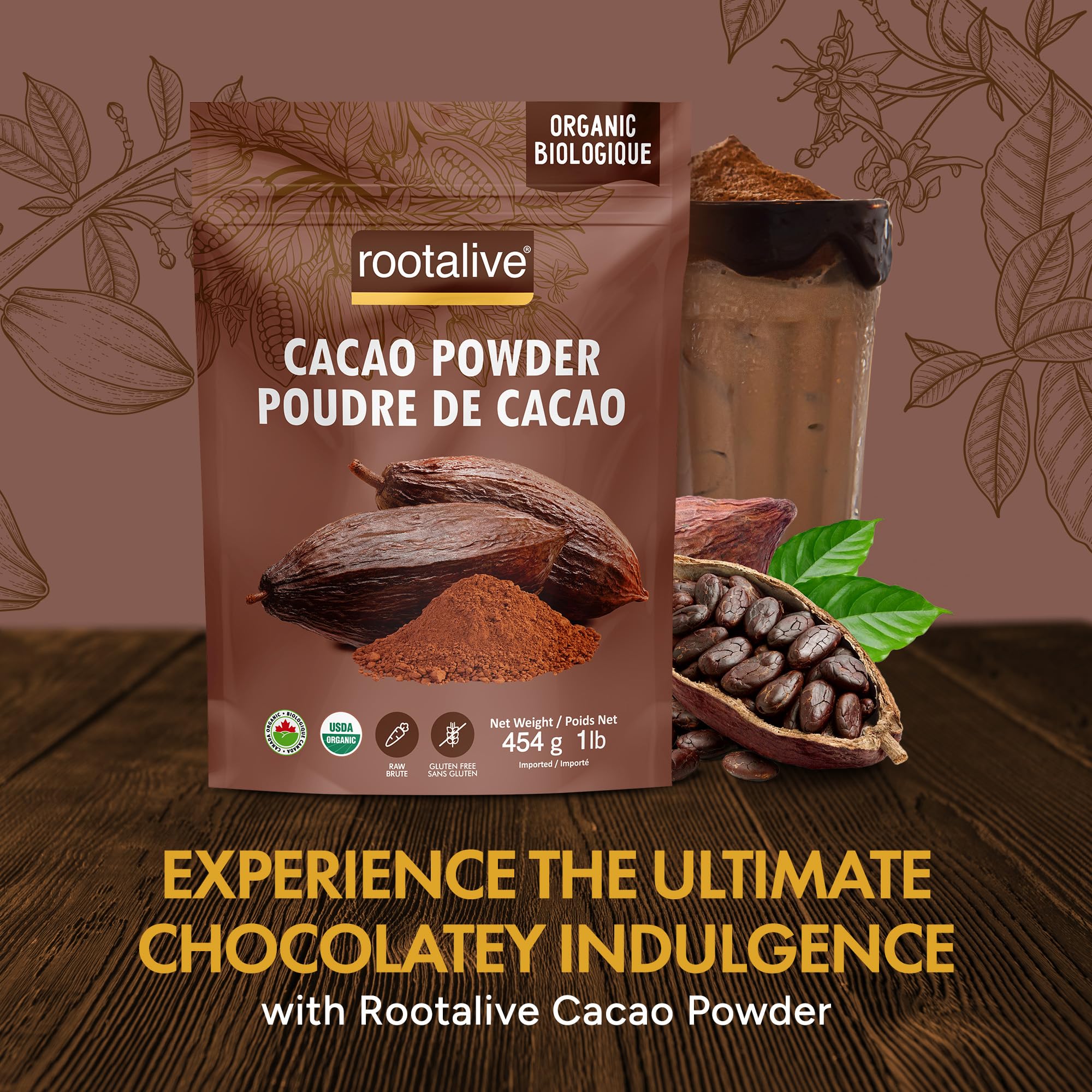 Rootalive Organic Raw Cacao Powder 454g (1lb), Premium Unroasted Cacao Bean powder in a Resealable Bag, Raw, Unsweetened, Vegetarian and Gluten-Free 🍁 All In One Marketplace Canada