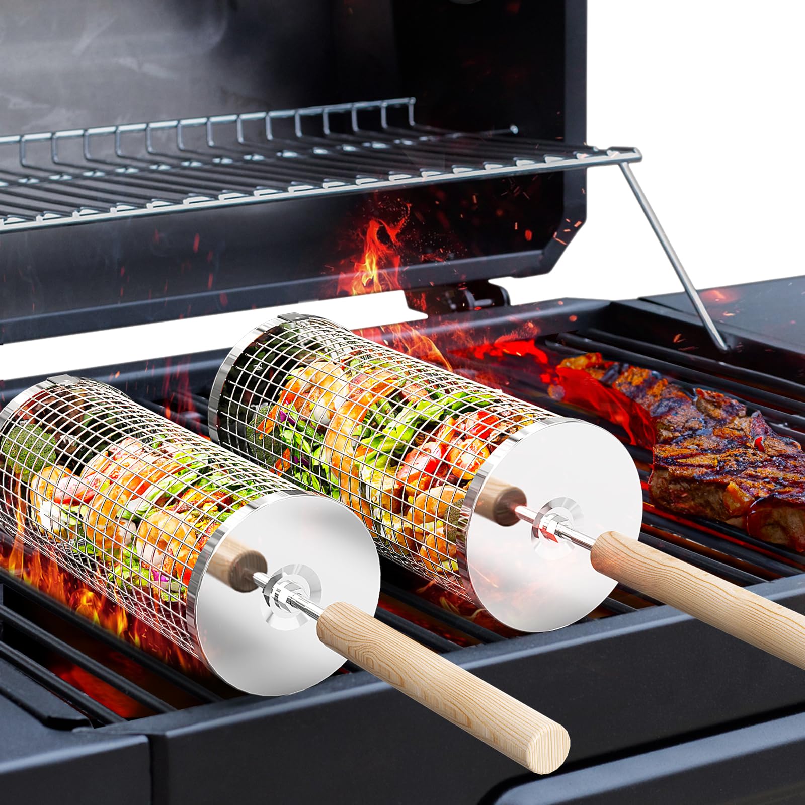 ivtivfu Rolling Grill Basket, Removable Wooden Handle, 304 Stainless Steel, Nesting Grilling Tools, Smoker BBQ Accessories for Vegetable, Outdoor Cooking Camping, Birthday Gifts for Men Dad Husband 🍁 All In One Marketplace Canada