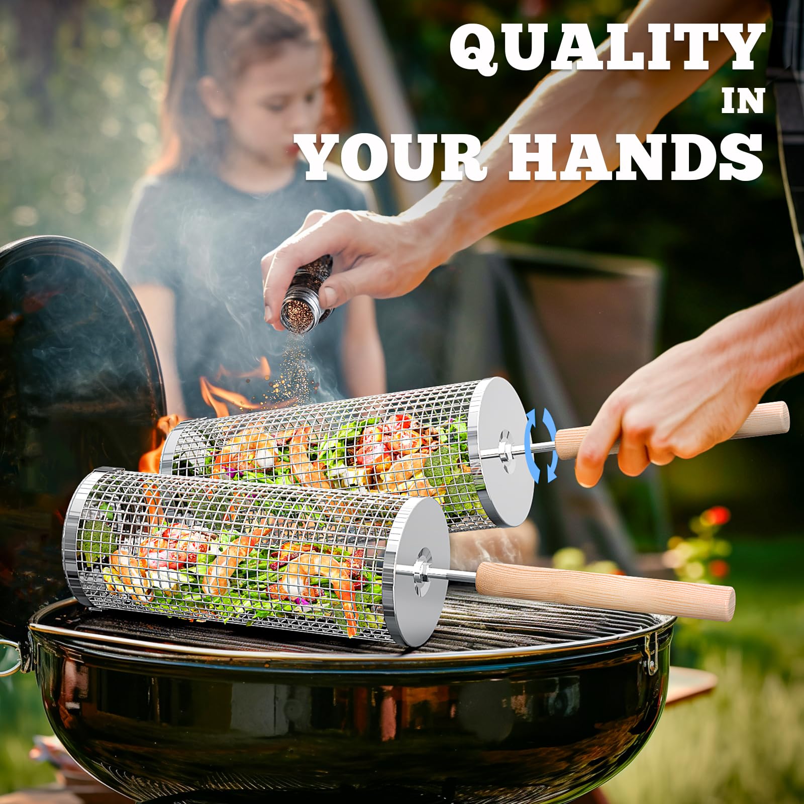 ivtivfu Rolling Grill Basket, Removable Wooden Handle, 304 Stainless Steel, Nesting Grilling Tools, Smoker BBQ Accessories for Vegetable, Outdoor Cooking Camping, Birthday Gifts for Men Dad Husband 🍁 All In One Marketplace Canada