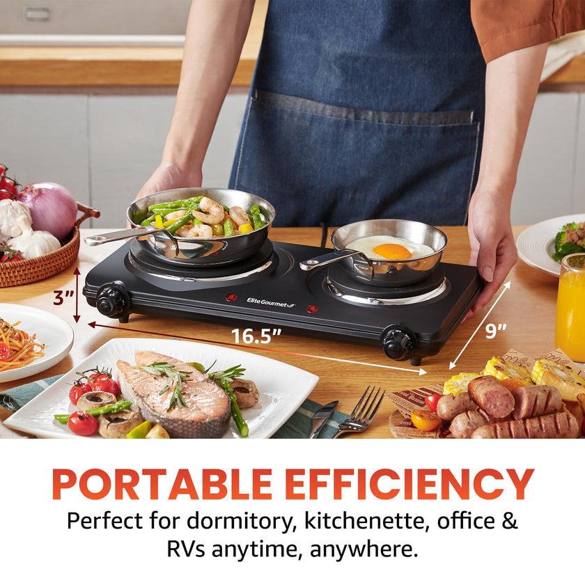Elite Gourmet EDB-302BF# Countertop Double Cast Iron Burner, 1500 Watts Electric Hot Plate, Temperature Controls, Power Indicator Lights, Easy to Clean, Black 🍁 All In One Marketplace Canada