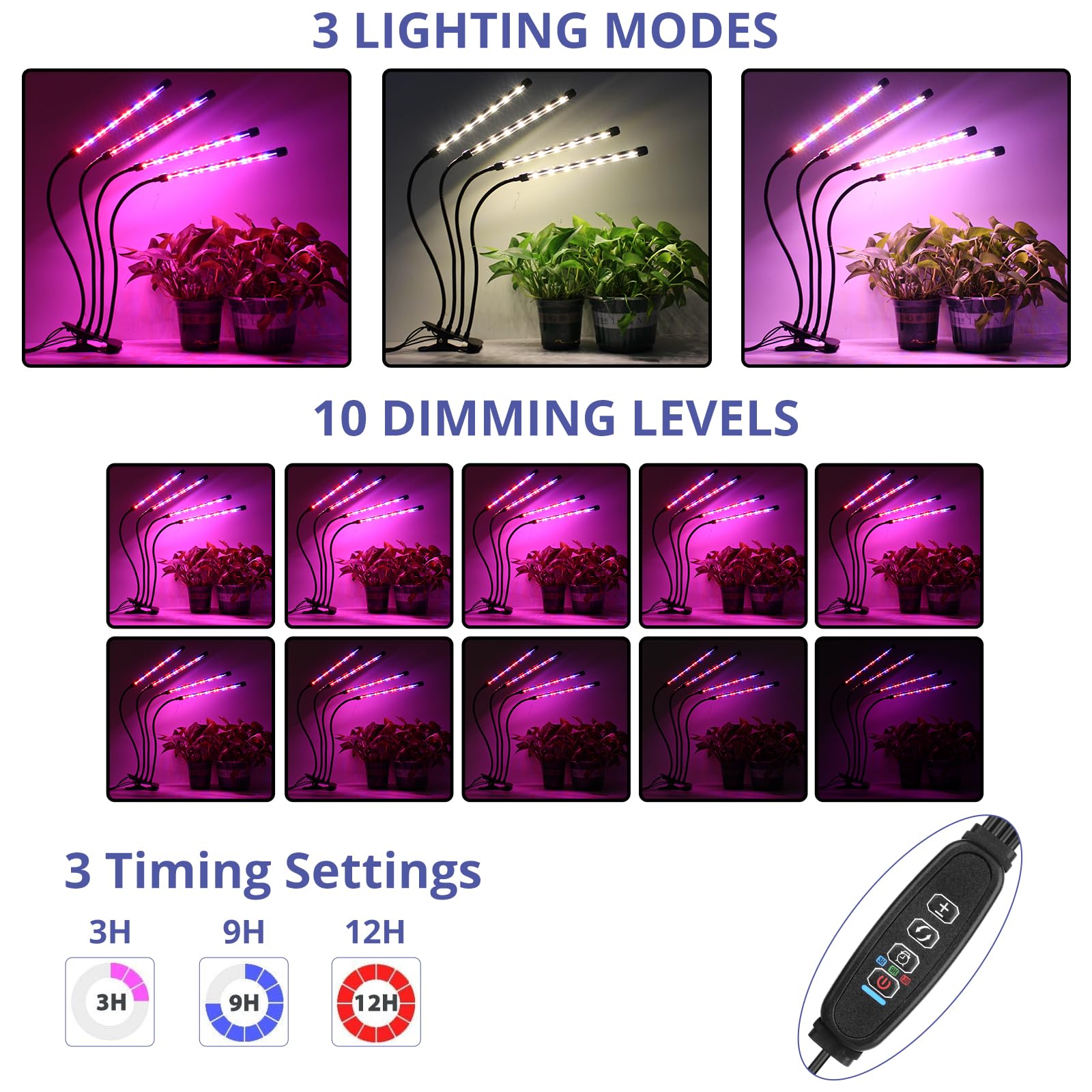Sondiko LED Grow Light, Full Spectrum Plant Lights for Indoor Plants with Auto On Off 3/9/12H Timer, 10 Dimmable Levels, Adjustable Gooseneck, 3 Switch Modes 🍁 All In One Marketplace Canada