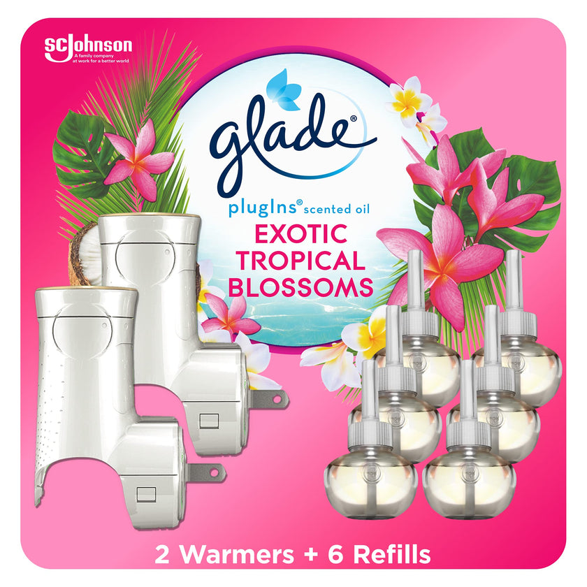 Glade PlugIns Air Freshener Refill Oil Kit, Long Lasting Scented Plug In with Essential Oils for Home, Bathroom & Kitchens, Exotic Tropical Blossoms, 2 Warmers + 6 Refills 🍁 All In One Marketplace Canada