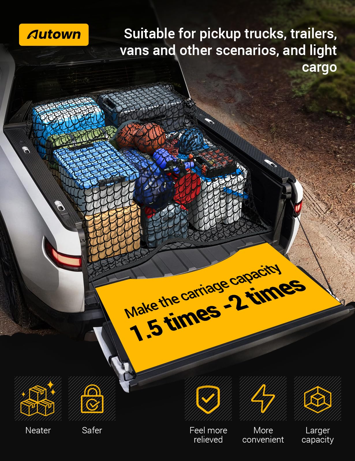 AUTOWN Cargo Net for Pickup Truck Bed - Stretchable 4'x4' to 7'x7', High Elastic Fine Mesh 1''x1'' with 8 Metal Carabiners - Ideal for ATV, SUV, UTV, Truck and Boat Use (Single Layer) 🍁 All In One Marketplace Canada