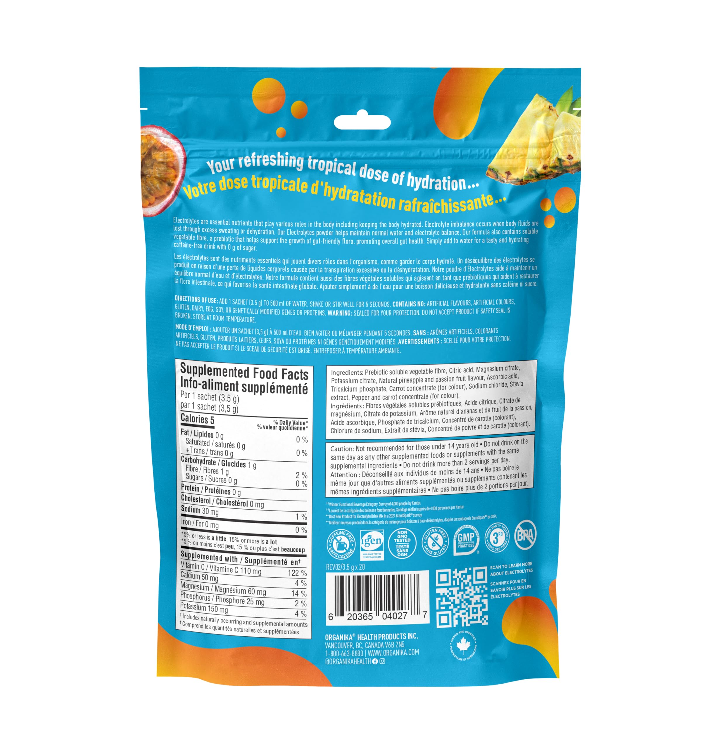 Organika Canadian-Made Electrolytes Powder with Vitamin C & Prebiotic Fibre - Sugar-Free Hydration Drink Mix - Pineapple Passionfruit - 20 Single-Serve Sachets x 3.5g 🍁 All In One Marketplace Canada