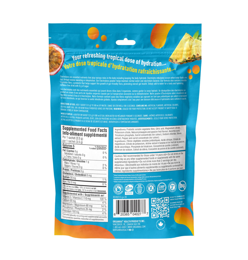 Organika Canadian-Made Electrolytes Powder with Vitamin C & Prebiotic Fibre - Sugar-Free Hydration Drink Mix - Pineapple Passionfruit - 20 Single-Serve Sachets x 3.5g 🍁 All In One Marketplace Canada