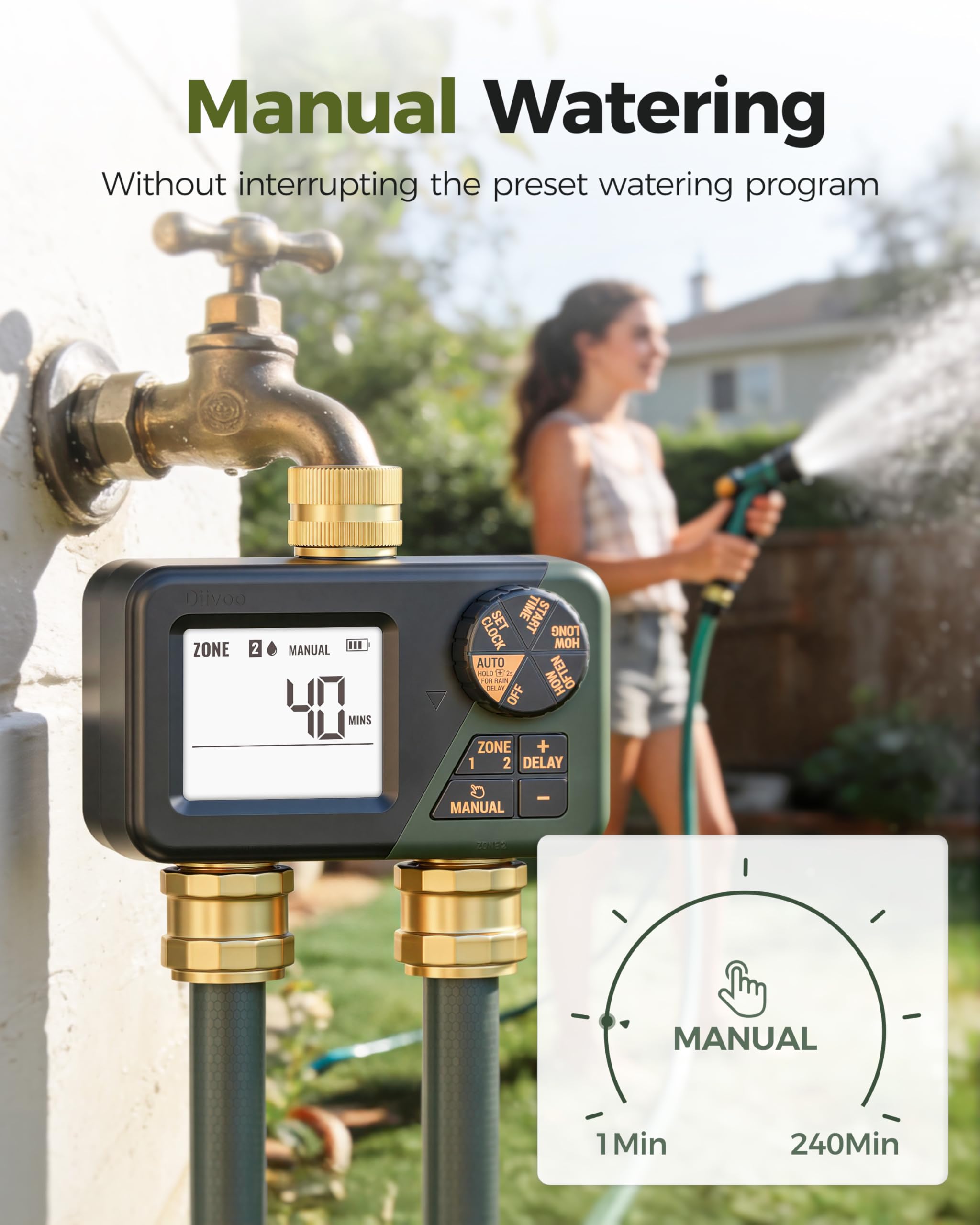 Diivoo 2 Zone Water Timer for Garden Hose, Programmable Sprinkler Hose Timer with Brass Inlet & Outlet, IP66 Waterproof, Rain Delay & Manual Mode for Irrigation, Lawn, Yard 🍁 All In One Marketplace Canada