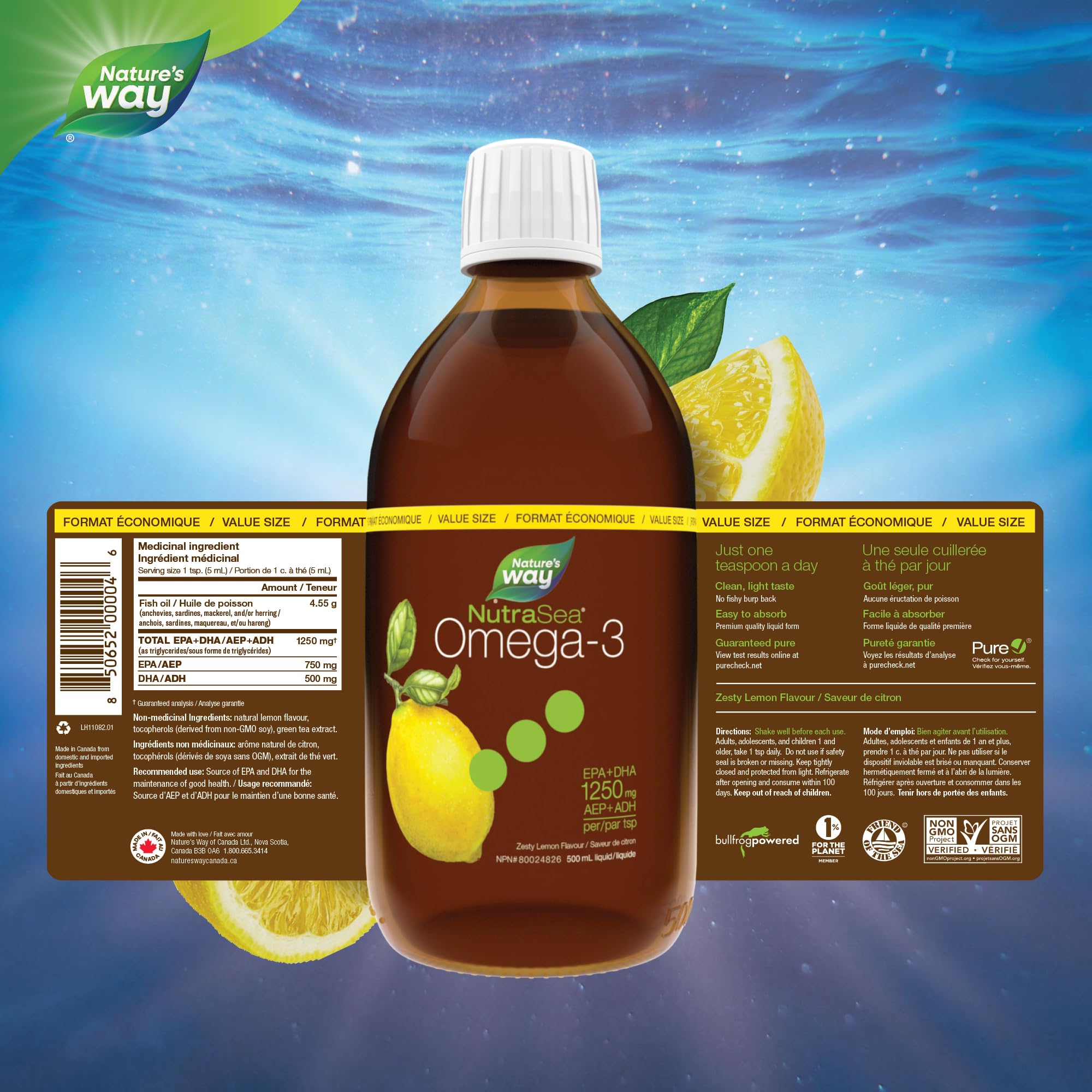 Nature's Way NutraSea Omega 3 Fish Oil Liquid Supplement – Zesty Lemon Flavour, Non-GMO – Heart & Brain Support – EPA & DHA, 500 mL 🍁 All In One Marketplace Canada