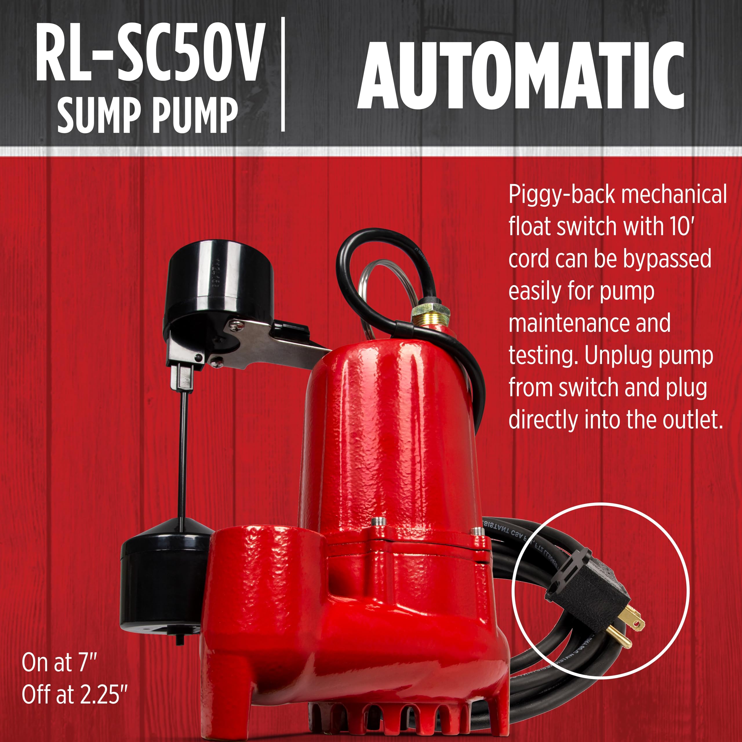 Red Lion RL-SC50V 115-Volt, 1/2 HP, 4300 GPH Cast Iron Sump Pump with Vertical Switch, 10-Ft. Cord, Red, 14942747 🍁 All In One Marketplace Canada