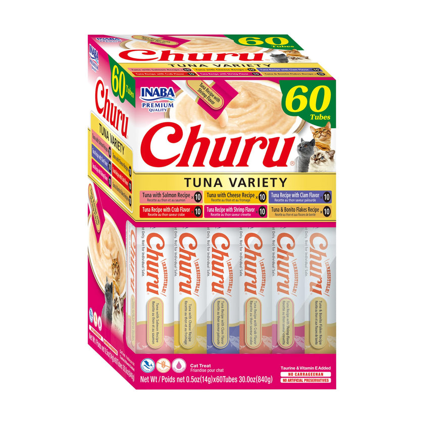 INABA Churu Cat Treats, Lickable, Squeezable Creamy Purée Cat Treat with Green Tea Extract & Taurine, 14 Grams Each Tube, 60 Tubes, Tuna Variety Box 🍁 All In One Marketplace Canada