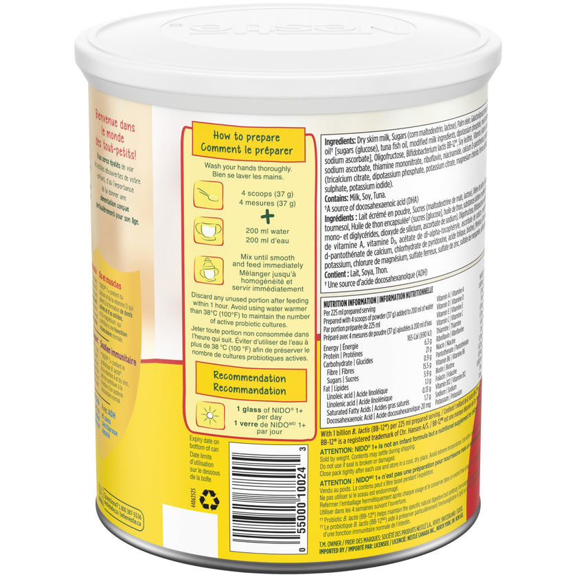 NIDO 1+ Toddler Milk-Based Nutritional Supplement With Calcium, Vitamins D and A, Magnesium, Probiotics, DHA, For Teeth, Muscles, Bones, Immune System And Brain Development, 850 g 🍁 All In One Marketplace Canada