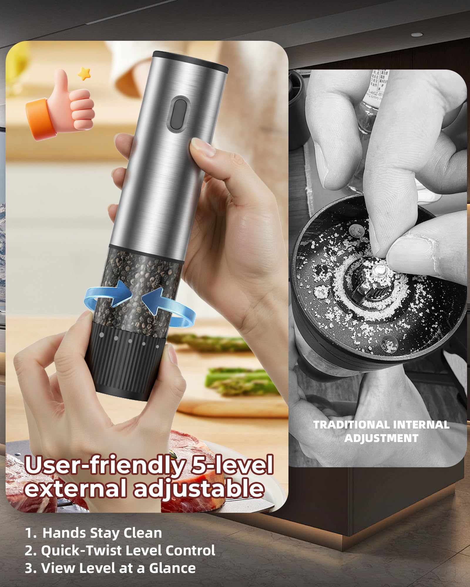 Salt and Pepper Grinder Set, Automatic Salt and Pepper Grinder, USB-C Rechargeable with 5 Adjustable Coarseness, One Hand Operation 🍁 All In One Marketplace Canada