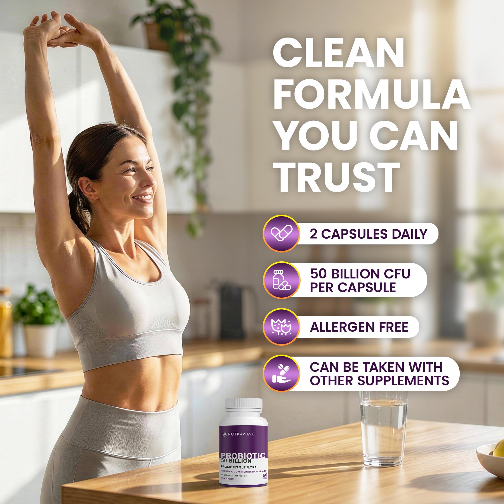 Nutrawave 50 BILLION Probiotics Women & Men, 15 Strains Active Culture. Relieves Bloating and Constipation, Improved Digestion and Gut Health Supplement, Non-GMO, Vegan, Gluten Free. 60 Vegan Capsules/ 60 Day Supply 🍁 All In One Marketplace Canada