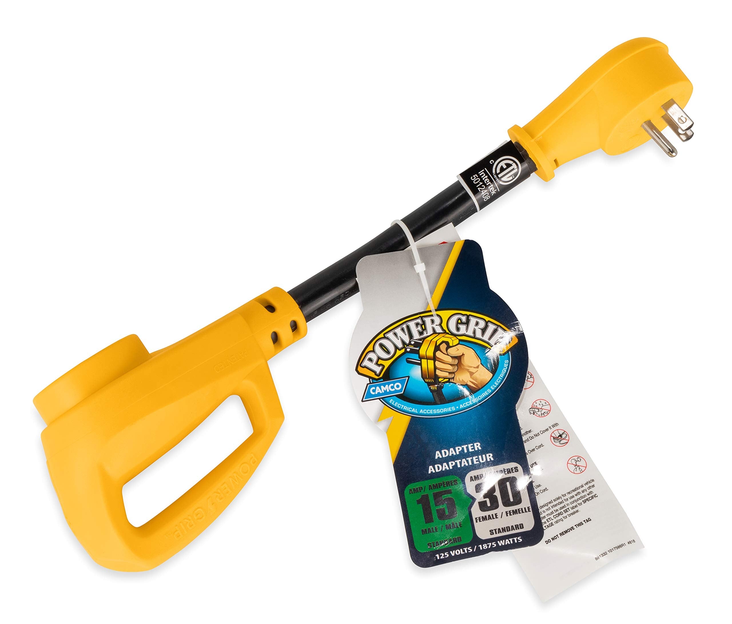 CAMCO (55165) Heavy Duty RV Dogbone Electrical Adapter with Innovative 180 Degree Bend Design and Easy PowerGrip Handle - 15 Amp Male to 30 Amp Female, 12 inch, Black 🍁 All In One Marketplace Canada
