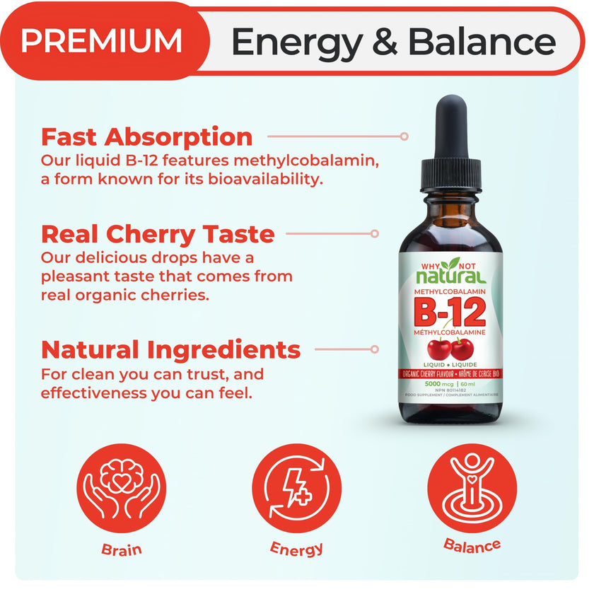 Organic Vitamin B12 Liquid - Sublingual Extra Strength 60 x 5000 mcg Drops, Methylcobalamin, Natural Cherry Flavor, Vegan, Maximize Absorption and Energy 🍁 All In One Marketplace Canada