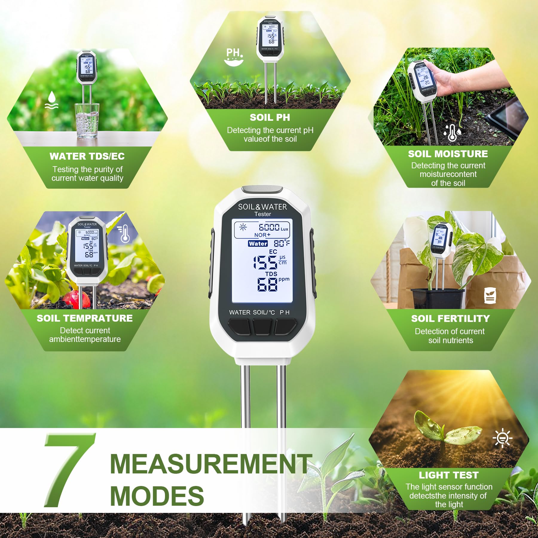 7-in-1 Soil＆Water Meter Digital Plant Temperature/Soil Moisture/PH Meter/Sunlight Intensity/Fertility/EC/TDS Backlight LCD Display Soil Test Meter TDS EC Meter for Garden Indoor Outdoor 🍁 All In One Marketplace Canada