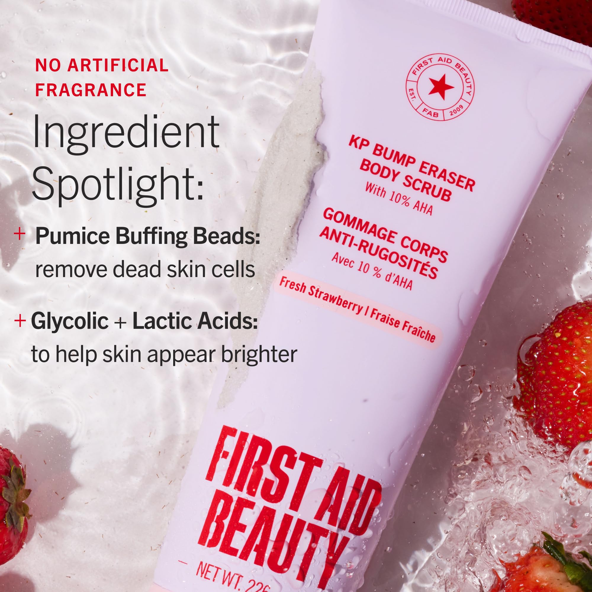 First Aid Beauty KP Bump Eraser Body Scrub Fresh Strawberry Scent, 10% AHA Keratosis Pilaris Exfoliator - Glycolic & Lactic Acid with Pumice, Treatment for Strawberry Legs, Razor Bumps & Rough Bumpy Skin, 8 oz 🍁 All In One Marketplace Canada