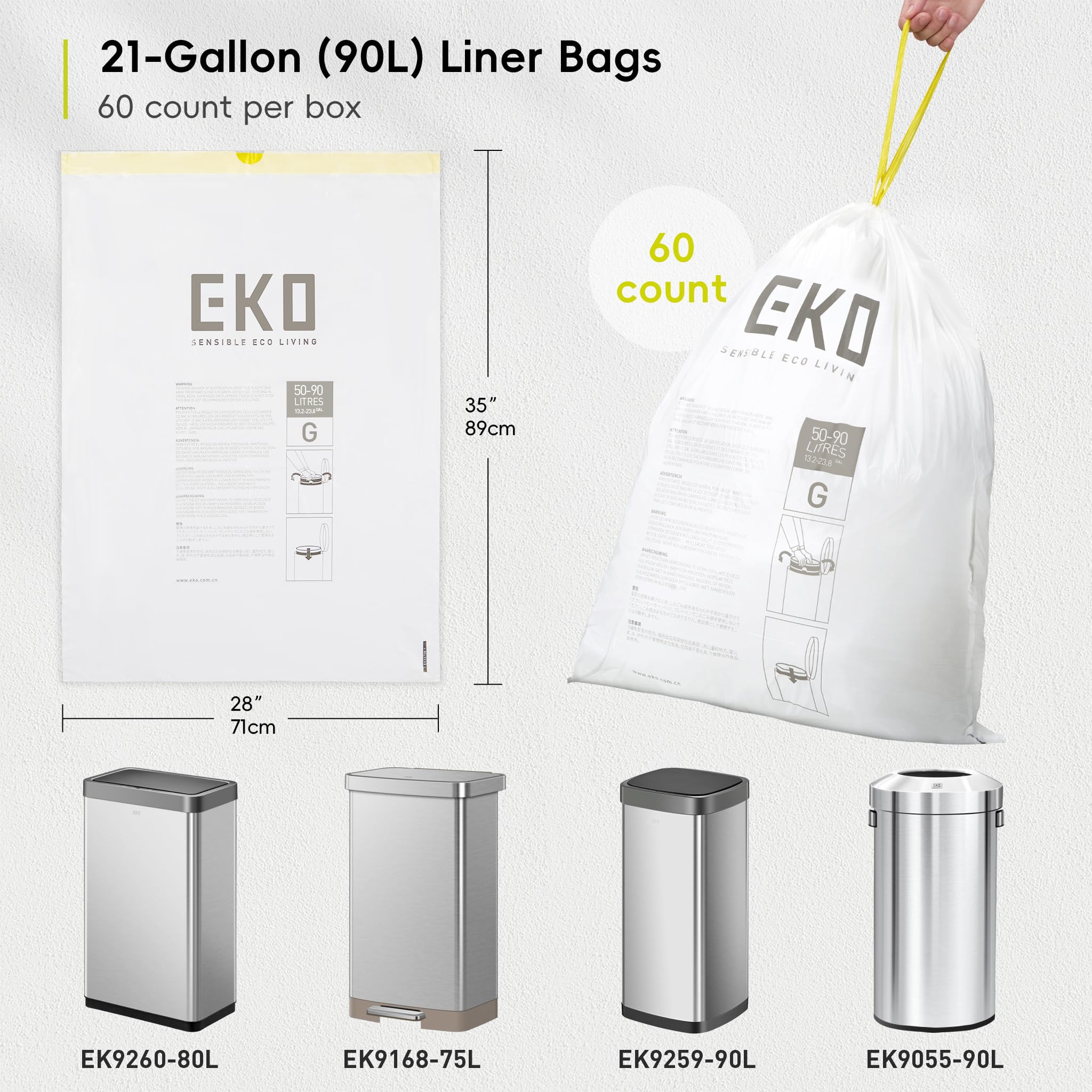 EKO Extra Strong 21 Gallon Large Trash Bags, Heavy-Duty Drawstring Kitchen & Household Garbage Bags (80L), Leak-Resistant, Fresh Floral Scent, Continuous Odor Control, 60 Count, Code G 🍁 All In One Marketplace Canada