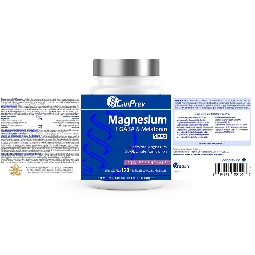 CanPrev Magnesium Bisglycinate Chelated + GABA & Melatonin, 120 Veg Caps, 120-Day Supply, Supports Restful Night, Muscle Function, Promote Relaxation & Balanced Sleep-Wake Cycle, Vegan, No GMO, Gluten 🍁 All In One Marketplace Canada