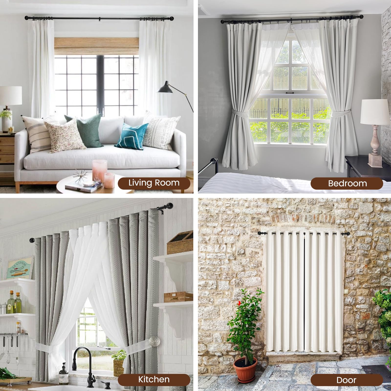 Curtain rods for Windows 48 to 84 Inch, 5/8 Inch Small Matte Black Curtain Rod Adjustable with Brackets Pole Rideau for Bedroom, Bathroom, Living room, Kitchen, Patio, Outdoor, cafe 🍁 All In One Marketplace Canada
