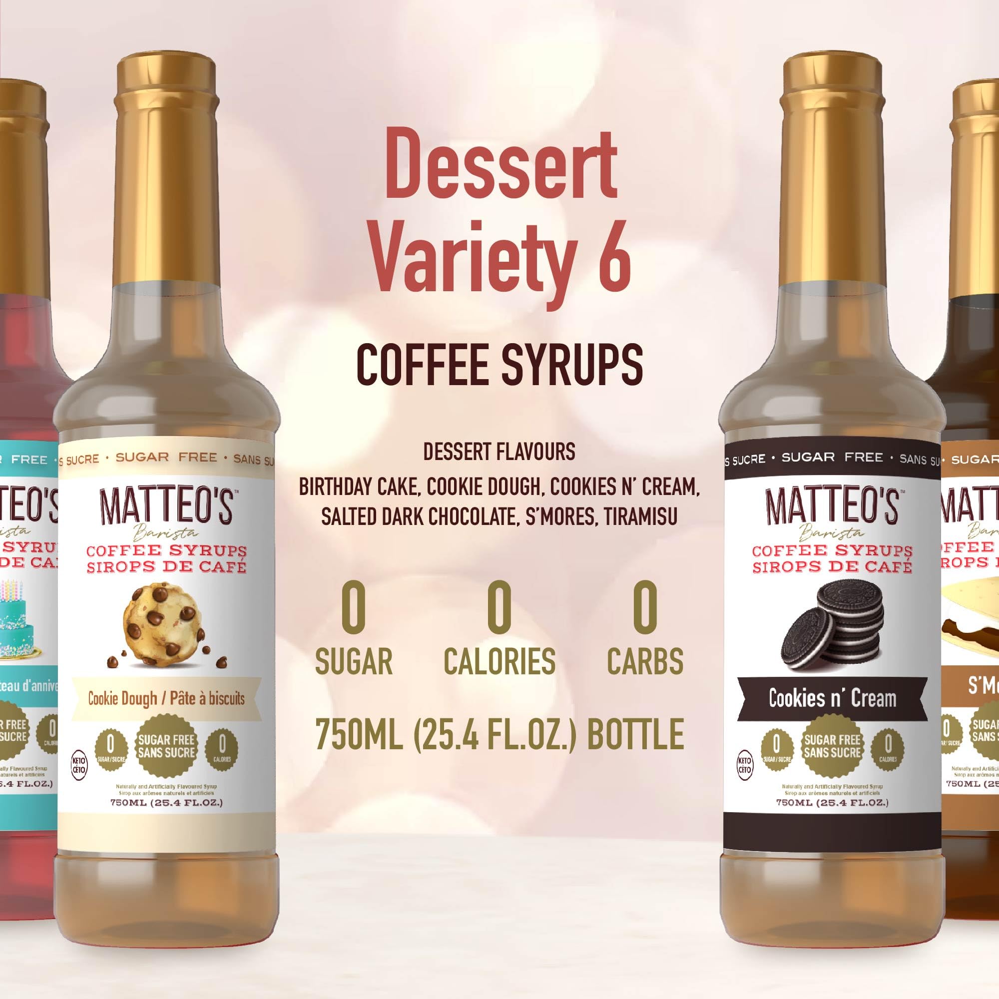 Matteo's Barista Style Sugar-Free Coffee Syrup, 6 Flavour Dessert Variety Pack, Zero Calories and Sugar, Keto-Friendly Coffee Syrups, Delicious Flavoured Coffee Syrup - 25.4 oz Syrup Bottles 🍁 All In One Marketplace Canada