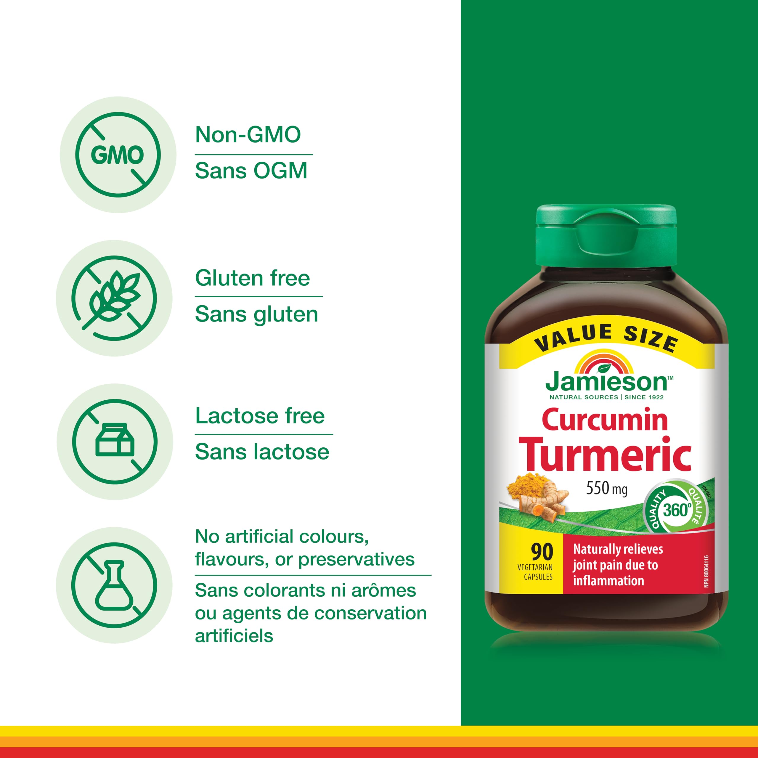 Jamieson Curcumin Turmeric 550 mg, Provides Natural Joint Pain Relief, Supports Inflammation, and Helps with Digestion. NON-GMO, Gluten-Free, 90 Vegetarian Capsules, Proudly Canadian 🍁 All In One Marketplace Canada