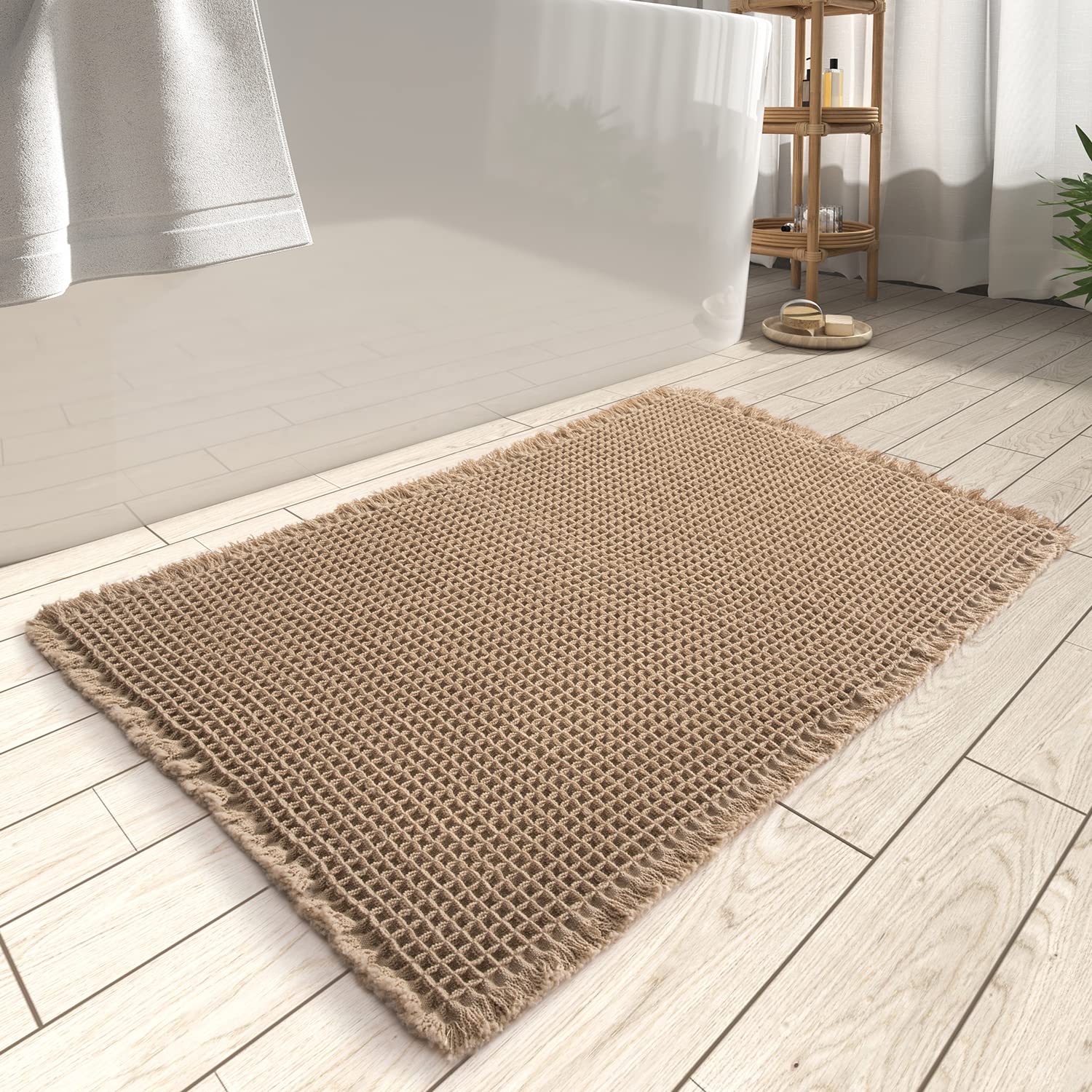 Rvolst Bath Mat Rug for Bathroom Waffle Woven Bathroom Mat Super Absorbent Machine Washable Non Slip Farmhouse Boho Bathroom Rug 46x77cm Brown 🍁 All In One Marketplace Canada