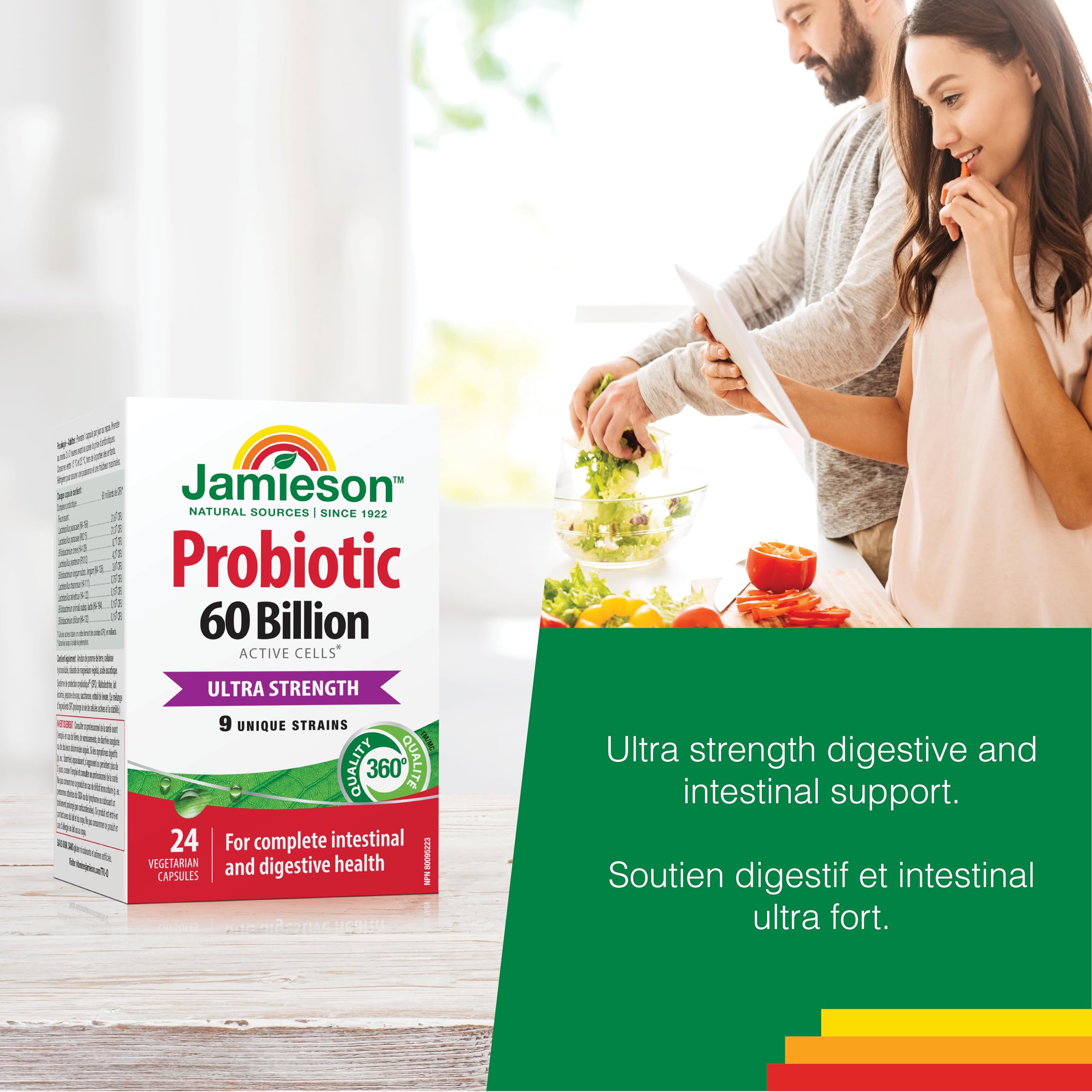 Jamieson Probiotic 60 Billion Active Cells, Ultra Strength, Supports Digestive Health and Intestinal Health. 9 Unique Strains, Including Lactobacillus and Bifidobacterium, Non-GMO, Gluten-Free, 24 Vegetarian capsules 🍁 All In One Marketplace Canada