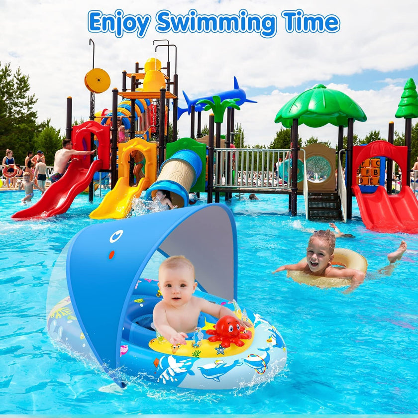 EZIGO Baby Pool Float with Canopy UPF50+ Sun Protection, Inflatable Kids Pool Float with Ocean Animal Toys for Babies 6-36 Months, Infant Swimming Float with Adjustable Safety Seat for Boys Girls 🍁 All In One Marketplace Canada