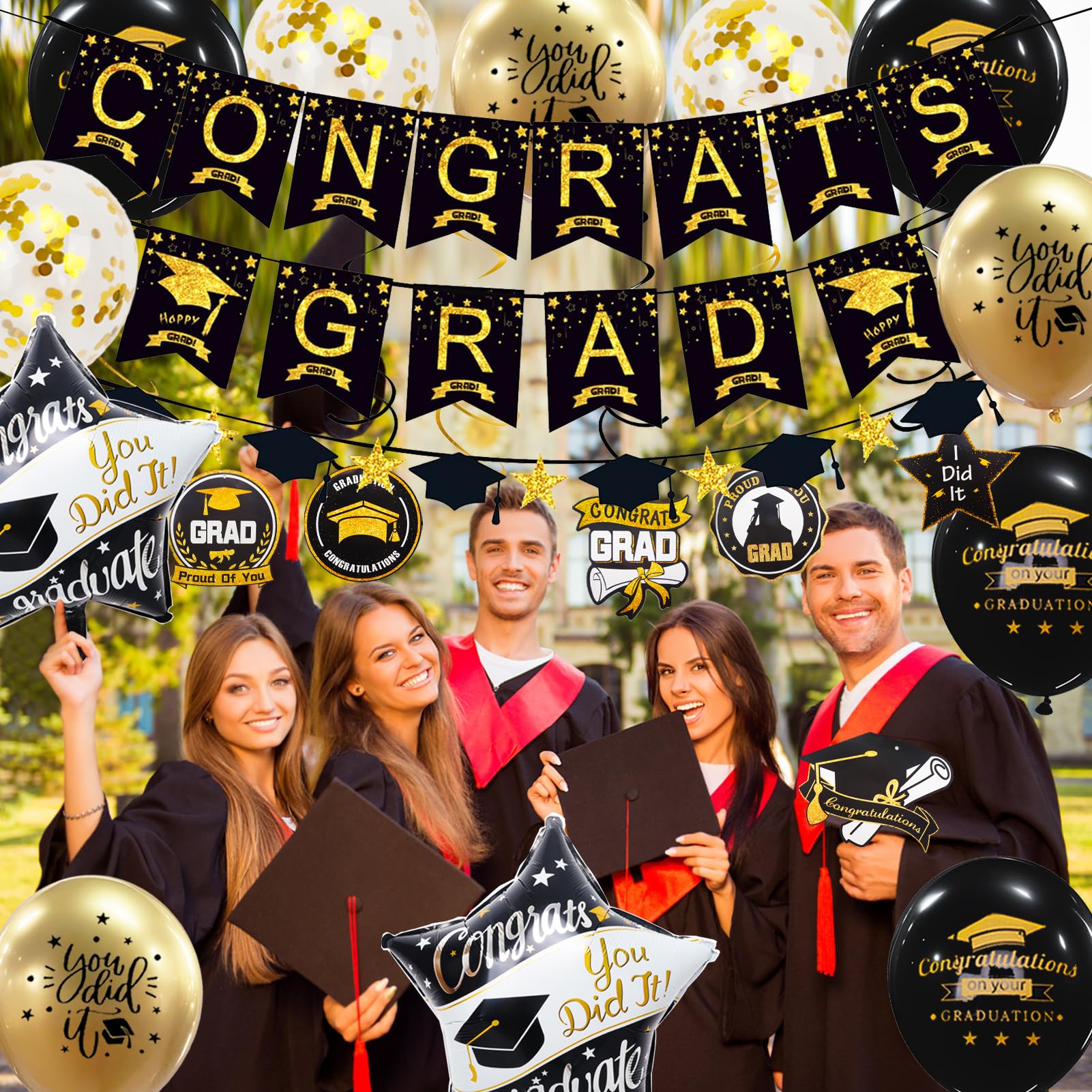 Graduation Decorations Class of 2026, 12Pcs Black and Gold balloons with Swirl and Graduation Garland Congrats Grad 2026 Banner for College High School Party Supplies 🍁 All In One Marketplace Canada