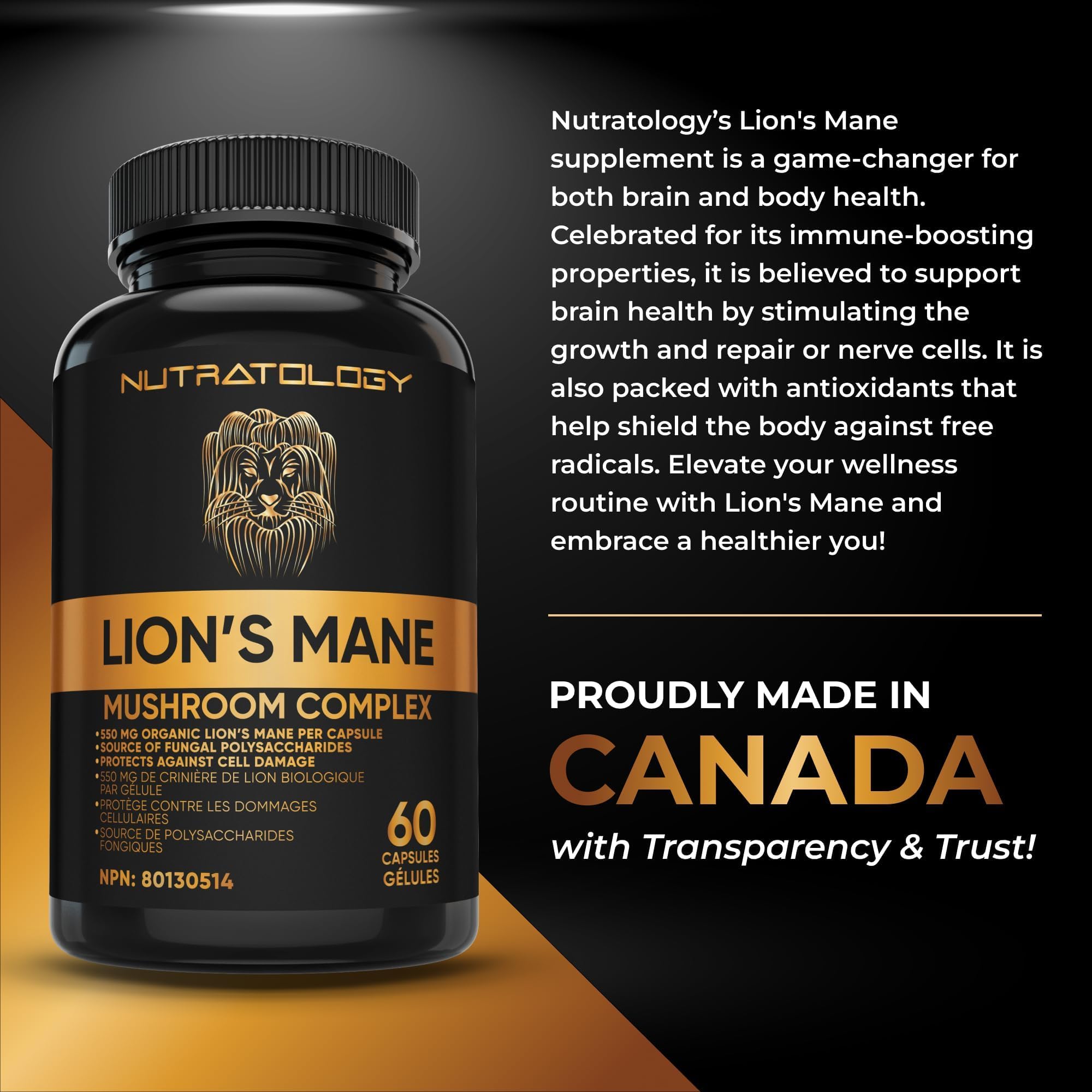 Nutratology® Organic Lion's Mane Mushroom Capasules - Nootropic Functional Mushroom Supplements Made With 40% Polysaccharides & >20% Beta-Glucan | Supports Memory, Cognition & Brain Health - 60 Count 🍁 All In One Marketplace Canada