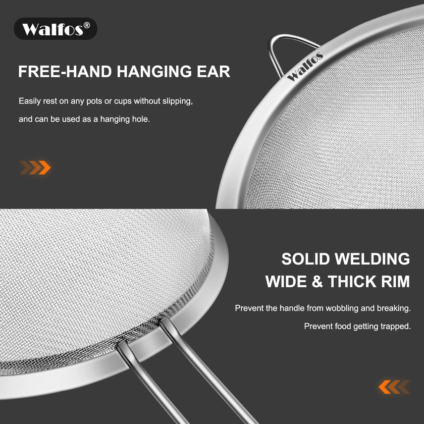 Walfos Fine Mesh Strainers Set, Premium Stainless Steel Sieve and Sifter with Sturdy Handle, Metal Kitchen Strainers Perfect for for Food, Rice, Quinoa, Fruit, Tea, Flour- 3 Sizes 🍁 All In One Marketplace Canada