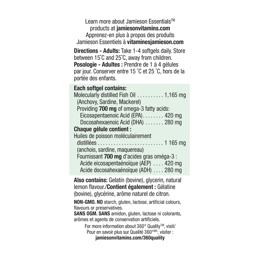 Jamieson Extra Strength Omega-3 700 mg, No Fishy Aftertaste, Supports Heart, Brain, and Eye Health, Arthritis Support. With EPA and DHA, Non-GMO, Gluten-Free, 100 Softgels, Proudly Canadian 🍁 All In One Marketplace Canada