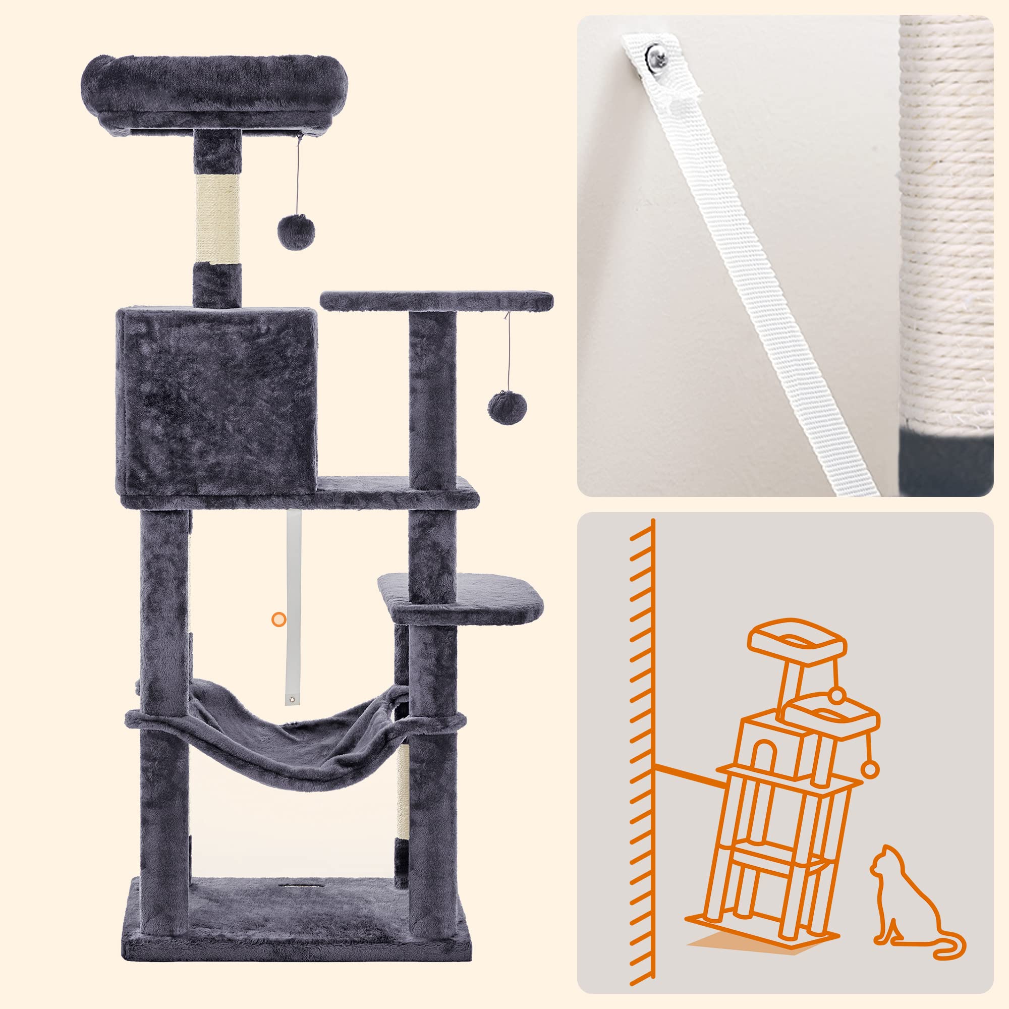 Feandrea Cat Tree Tower, 143 cm, 2 Perches, Hammock, Smoky Gray 🍁 All In One Marketplace Canada