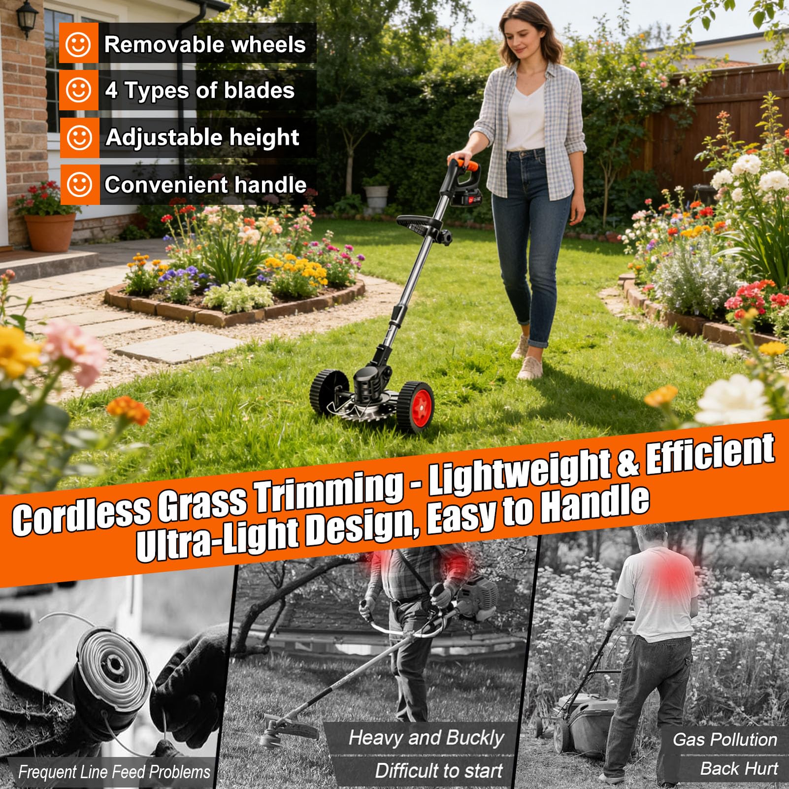 21V Cordless Weed Wacker for Thick Weeds, Lawn & Yard, 3-in-1 String Trimmer/Edger/Brush Cutter with 2 Batteries, 4 Blades & Wheels, 90° Pivot Head, Adjustable Height, Lightweight Easy for Homeowners 🍁 All In One Marketplace Canada