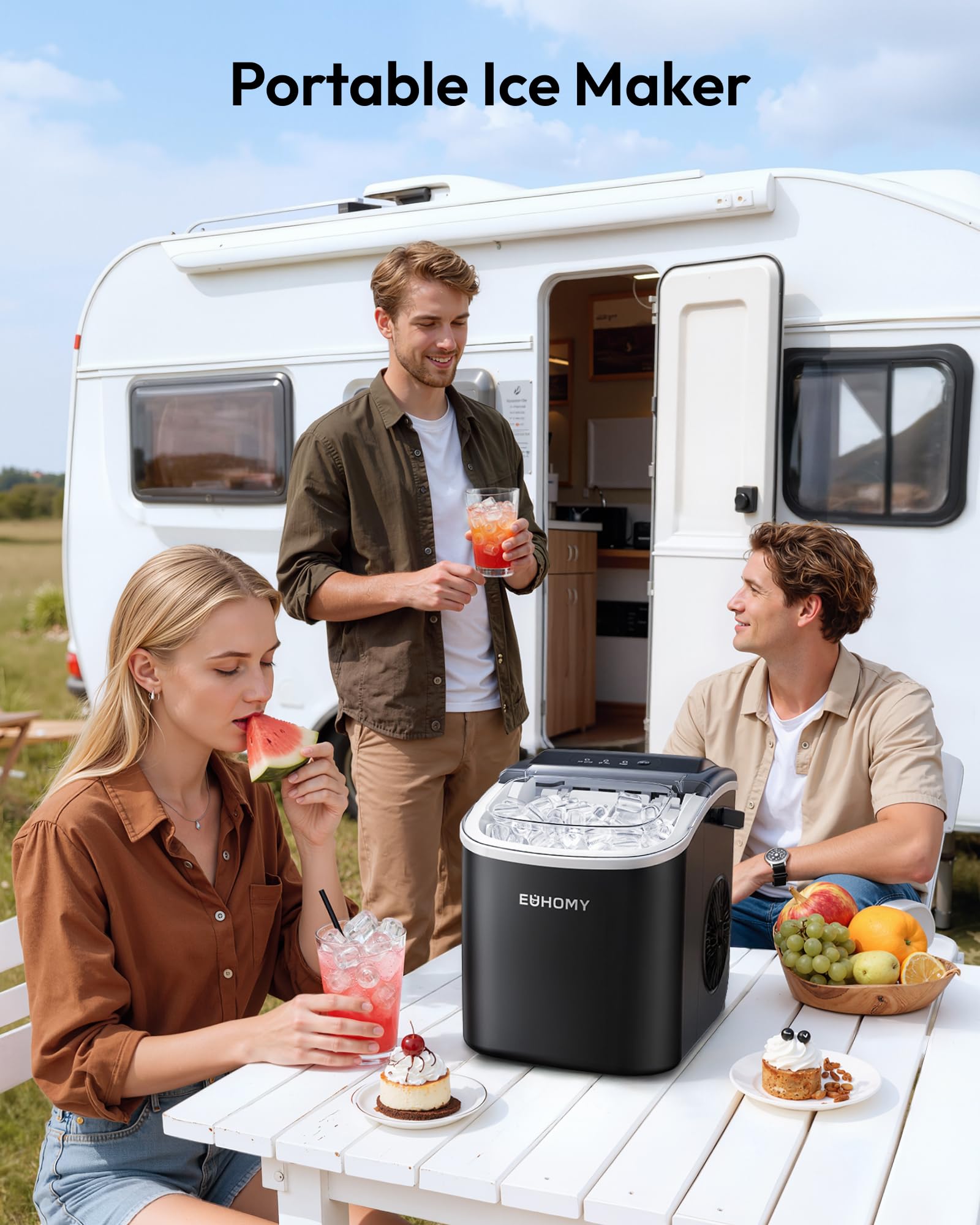 EUHOMY Countertop Ice Maker Machine with Handle, 26lbs in 24Hrs, 9 Ice Cubes Ready in 6 Mins, Auto-Cleaning Portable Ice Maker with Basket and Scoop, for Home/Kitchen/Camping/RV. (Black) 🍁 All In One Marketplace Canada