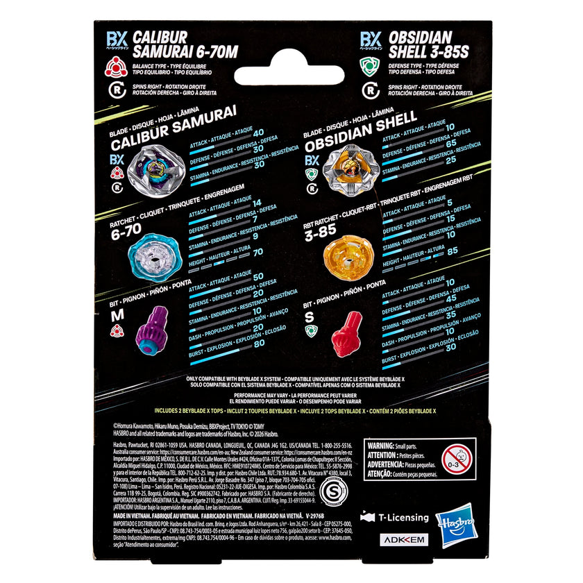 Beyblade X Calibur Samurai 6-70M BX & Obsidian Shell 3-85S BX Takara Tomy Dual Pack Set with 2 Right-Spinning Tops, Battling Tops Game Toys, Ages 8+ 🍁 All In One Marketplace Canada