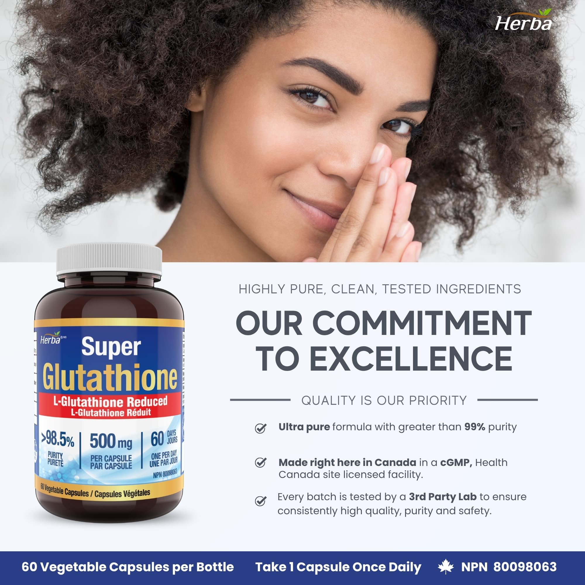 Herba Glutathione Supplement 500mg - 60 Vegetable Capsules | L Glutathione Reduced Active Form | Super Glutathione 500mg Capsule for Antioxidants | >98.5% Purity | Made in Canada 🍁 All In One Marketplace Canada