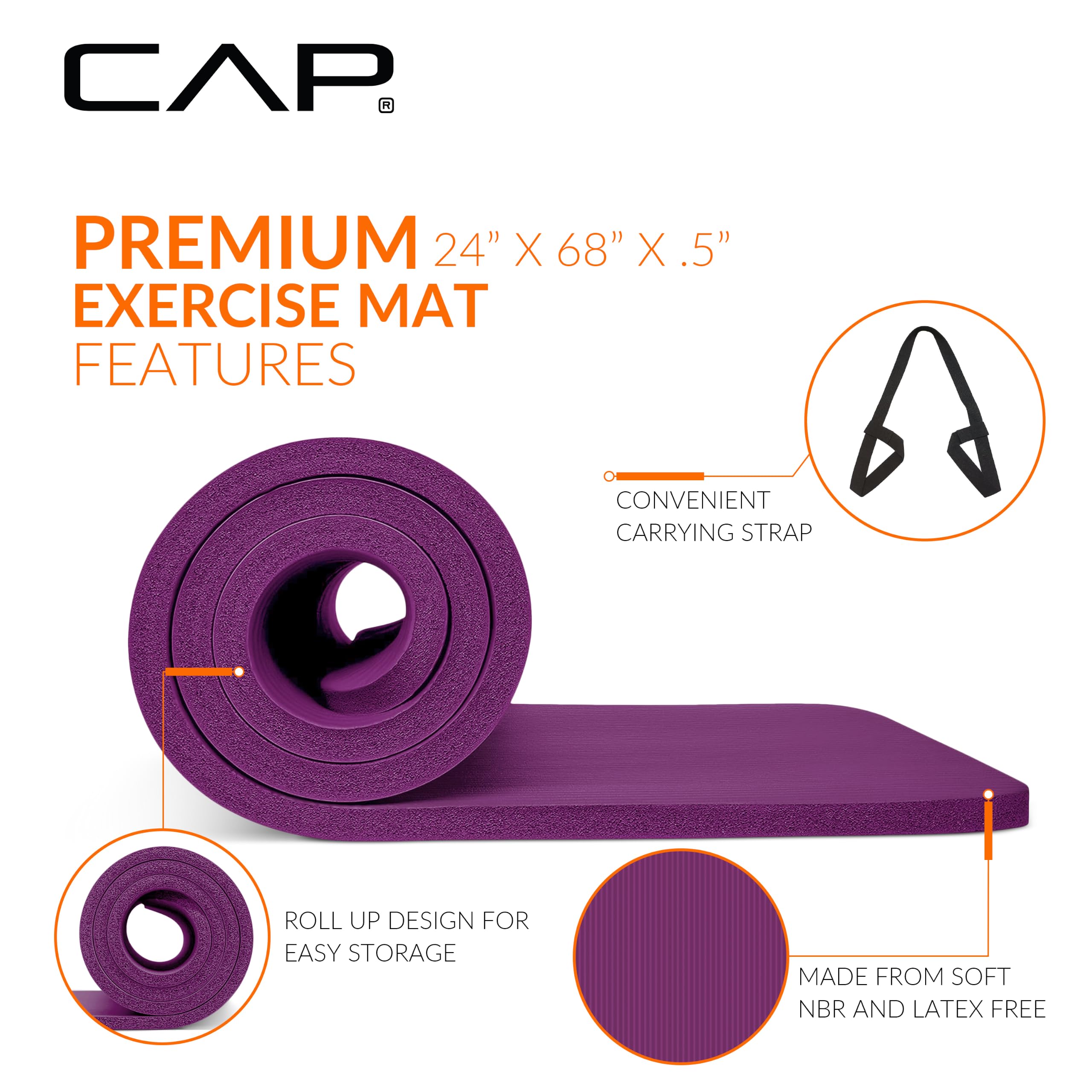 CAP Barbell High Density Exercise Yoga Mat with strap, 68