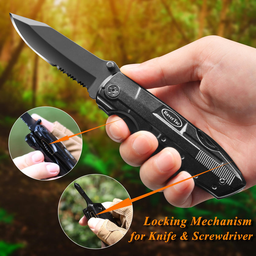 RoverTac Pocket Knife, 15-in-1 Multitool with Pliers, Bottle & Can Opener, 9 Screwdriver Bits, Locking Mechanism & Nylon Sheath - EDC Multi Tool for Camping, Hiking & DIY, Gift for Men & Dad 🍁 All In One Marketplace Canada