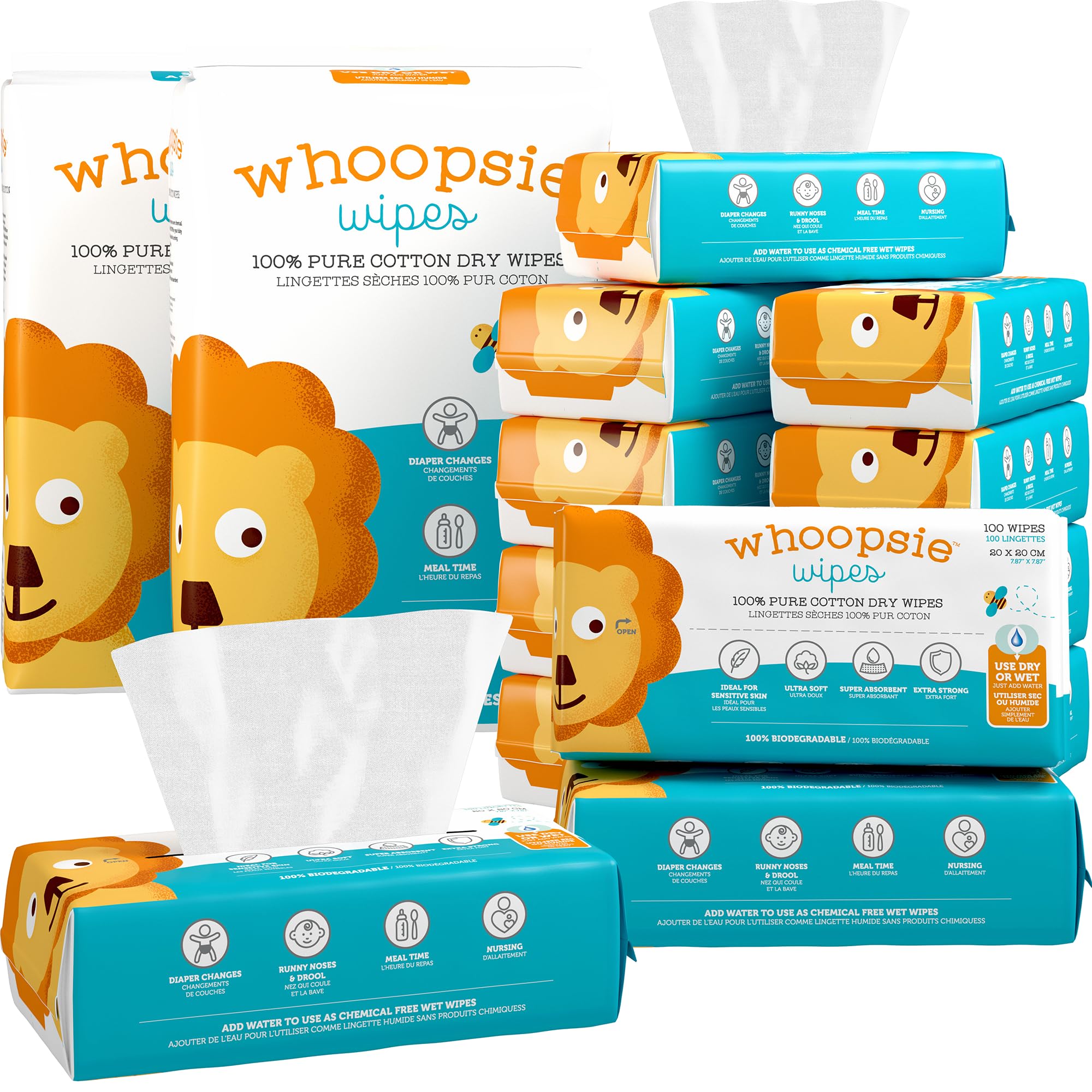 Whoopsie Wipes – The Original 100% Pure Cotton Dry Baby Wipes – Ultra Soft, Unscented, Chemical-Free Wipes for Sensitive Skin – Use Dry or Add Water for Wet Wipes – 12 Packs (1200 Count) 🍁 All In One Marketplace Canada