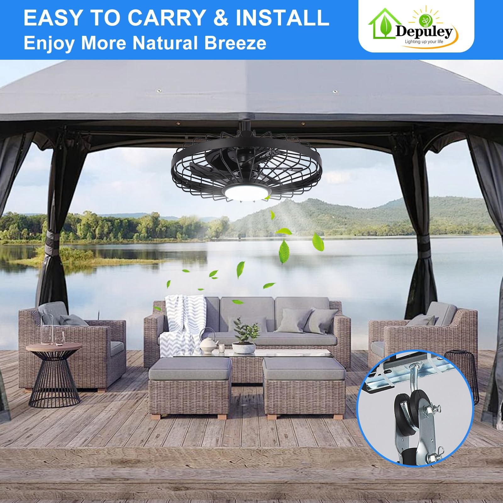 Depuley Outdoor Ceiling Fan with Light: 20 Inch Waterproof Gazebo Fans with Lights Outdoor Hanging - Plug in Remote App Control Caged Fans for Patios Pergola Porch Canopy - 6 Speed Black 🍁 All In One Marketplace Canada