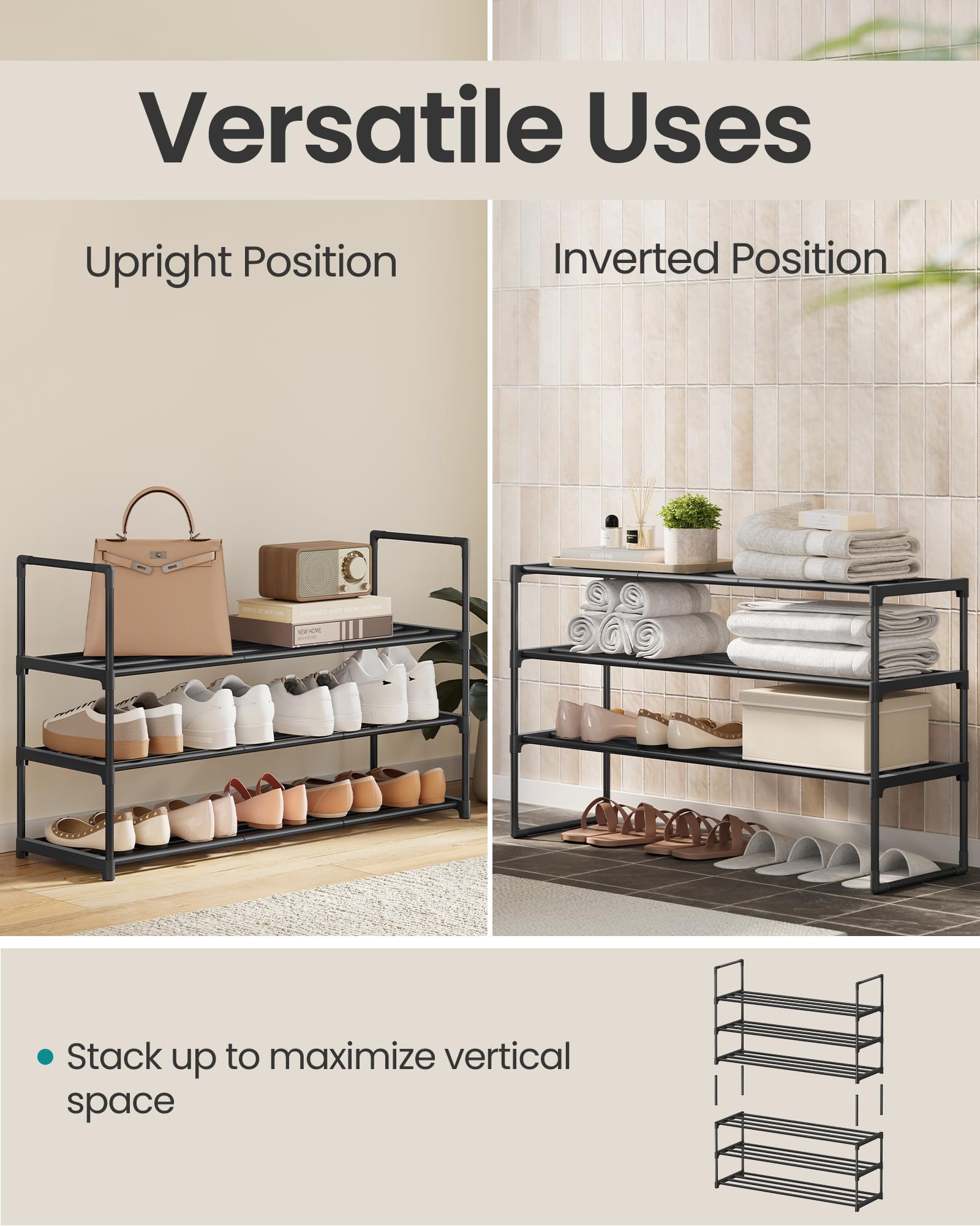 SONGMICS Shoe Rack, 3-Tier Shoe Organizer, Sturdy Storage Shelf, Upright or Upside Down, for 16-20 Pairs, Stackable, for Entryway, 30 x 92 x 55 cm, Black ULSA303B02 🍁 All In One Marketplace Canada