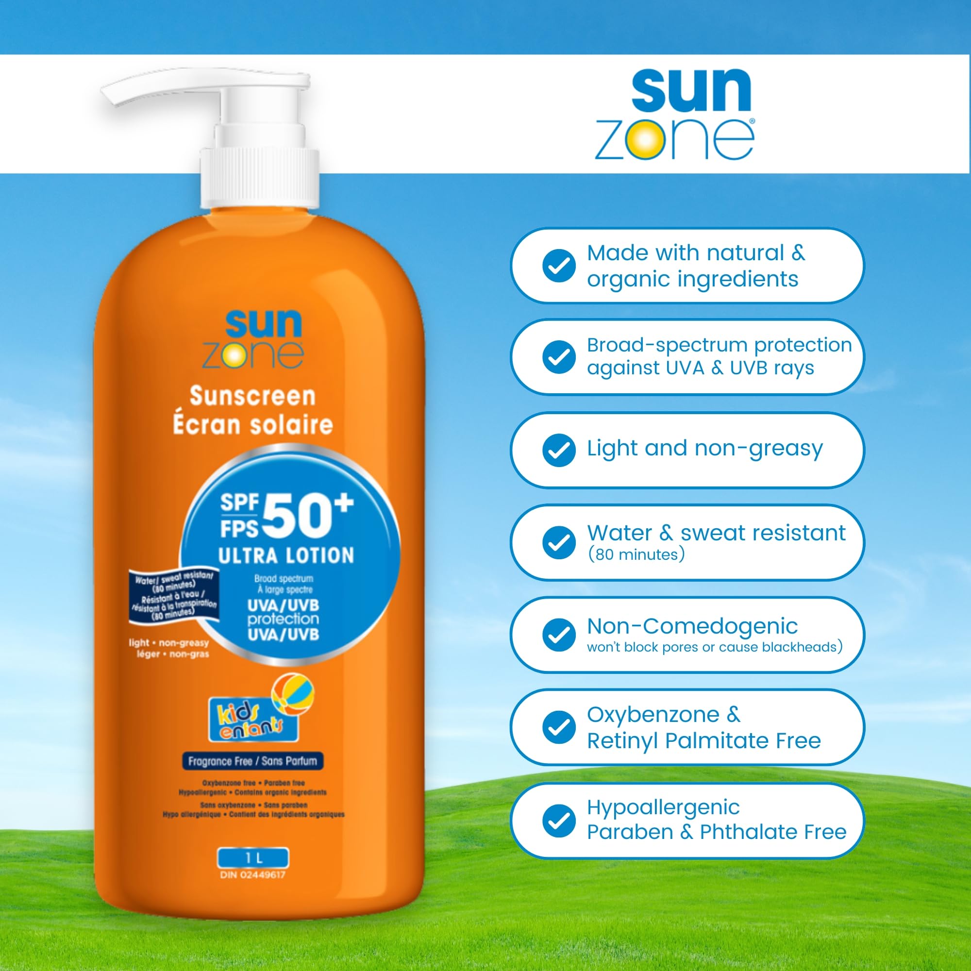 Sunzone | SUNSCREEN SPF 50+ Ultra Lotion | Broad Spectrum UVA/UVB Protection | Light, Non-Greasy, Water resistant (80 minutes) | Fragrance Free | 1L Bottle with pump | MADE IN CANADA 🍁 All In One Marketplace Canada