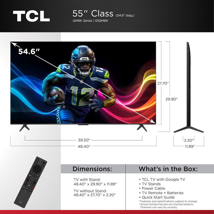 TCL 55-Inch QM6K Series QLED 4K Smart QD-Mini LED TV with Google TV (2025 Model) New Halo Control System, LD500 Precise Dimming Series, High Contrast HVA Panel, 144Hz Native Panel Refresh Rate 🍁 All In One Marketplace Canada