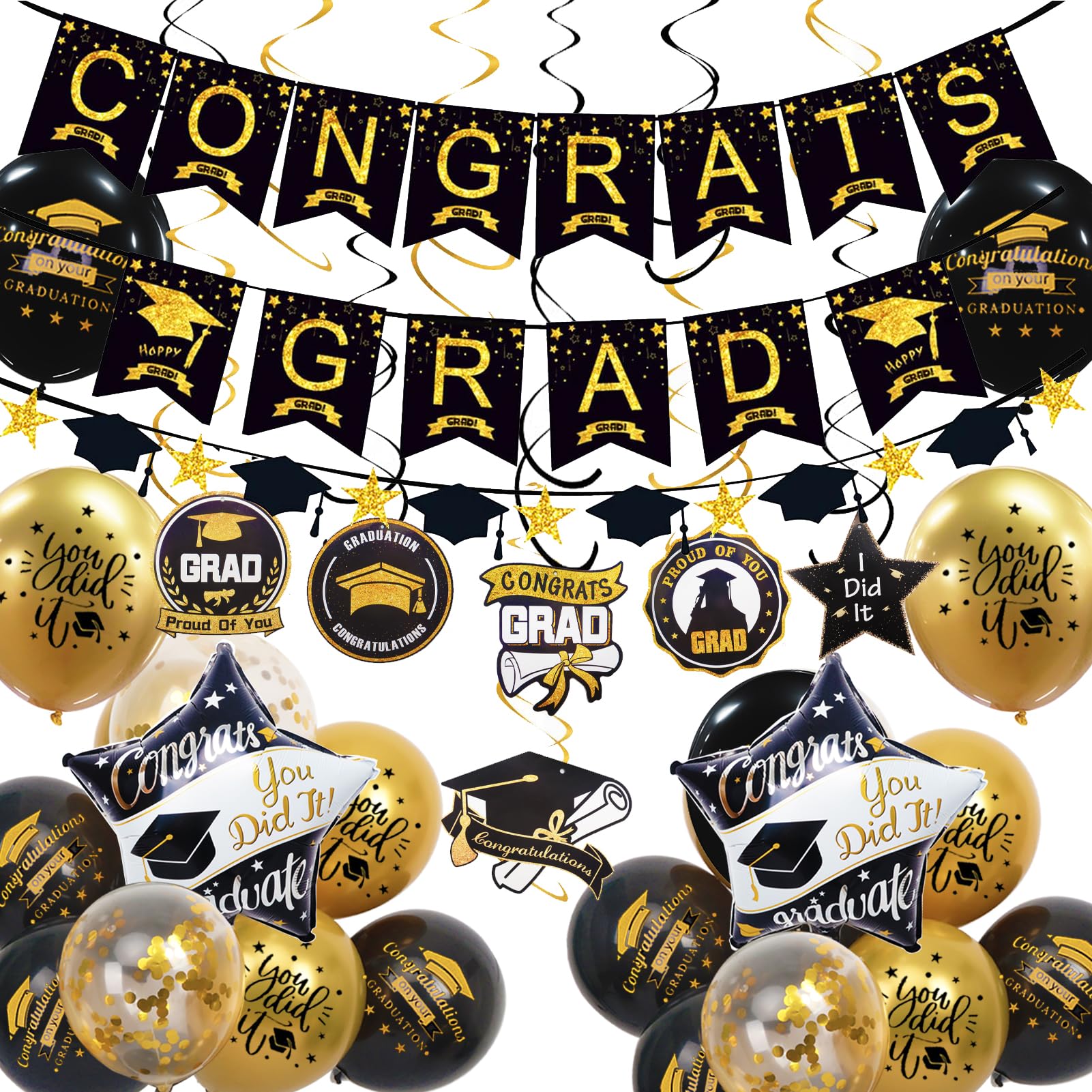 Graduation Decorations Class of 2026, 12Pcs Black and Gold balloons with Swirl and Graduation Garland Congrats Grad 2026 Banner for College High School Party Supplies 🍁 All In One Marketplace Canada